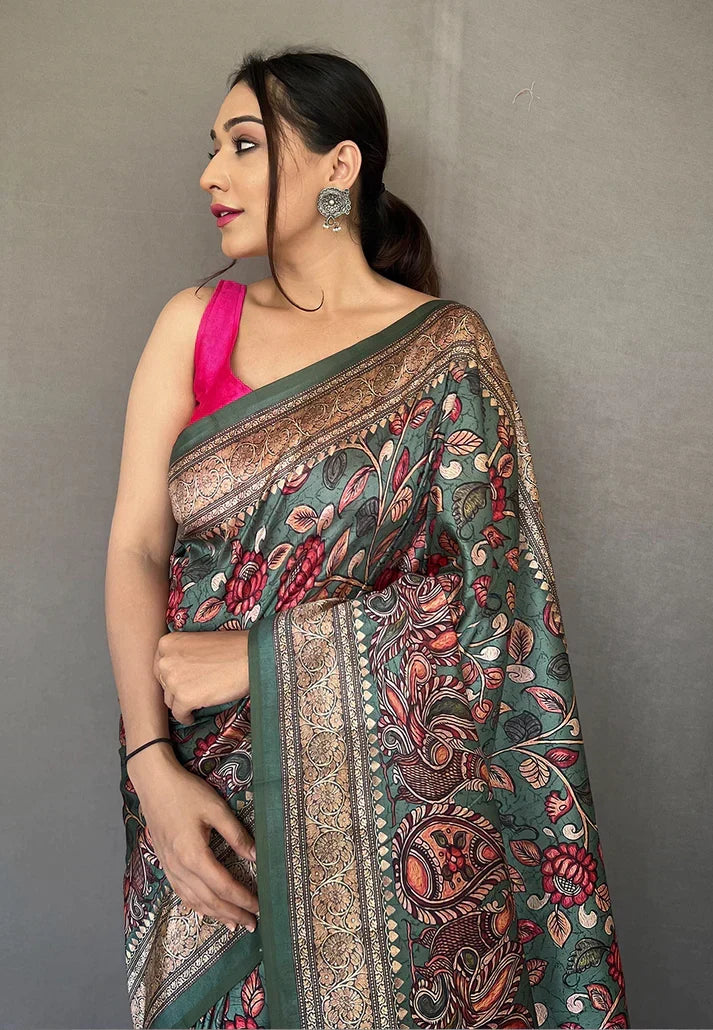 Teal Blue Diva Soft Silk Kalamkari Printed Saree