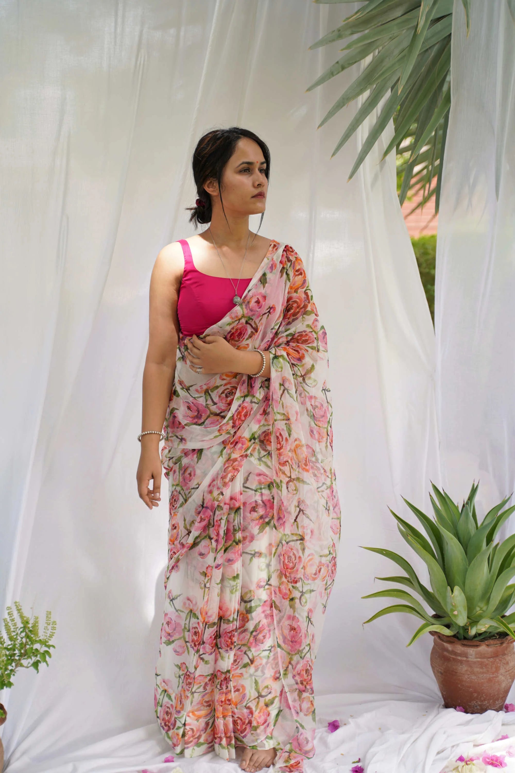 1 MIN Ready To Wear Pink Red Rose saree - Kiara