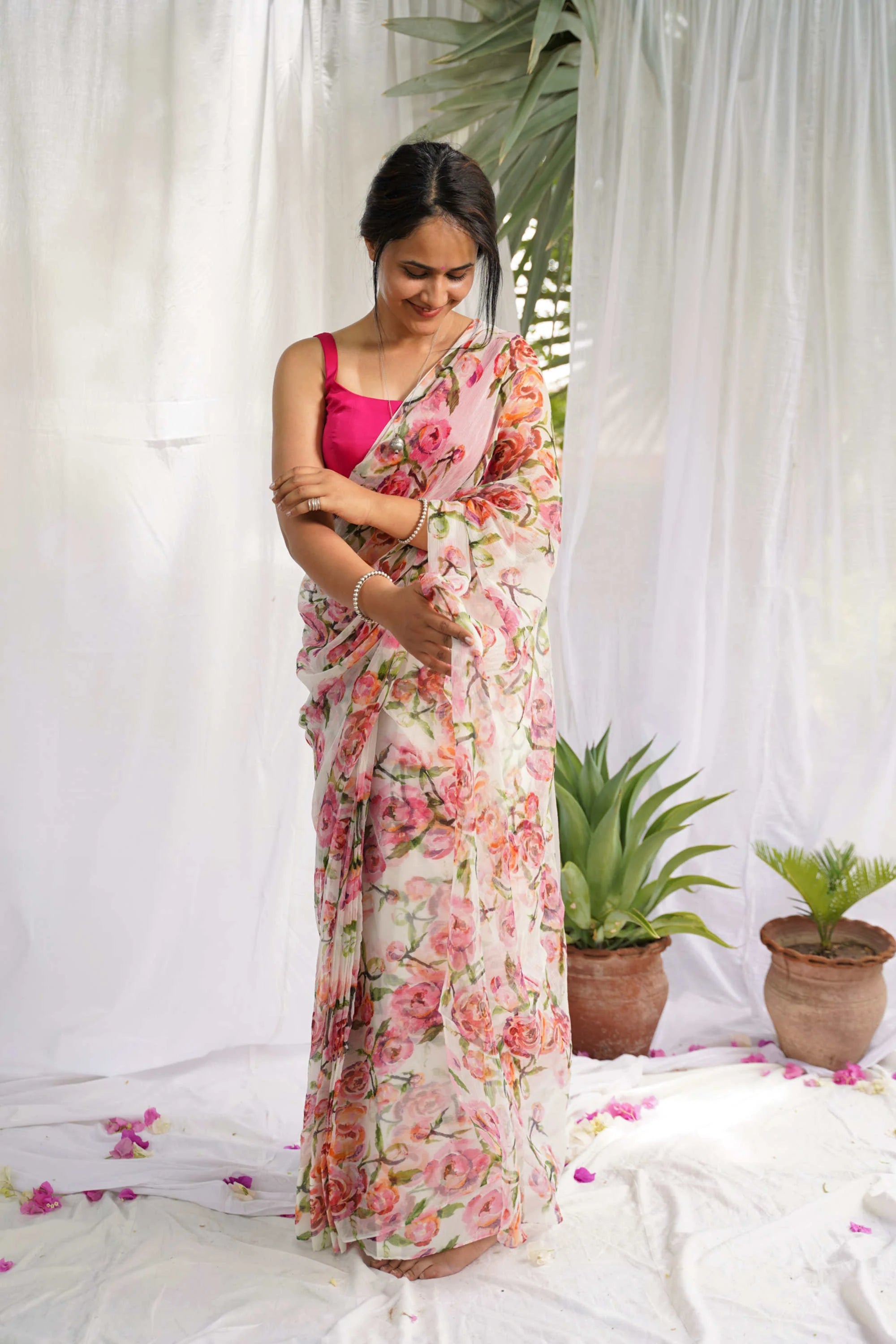 1 MIN Ready To Wear Pink Red Rose saree - Kiara