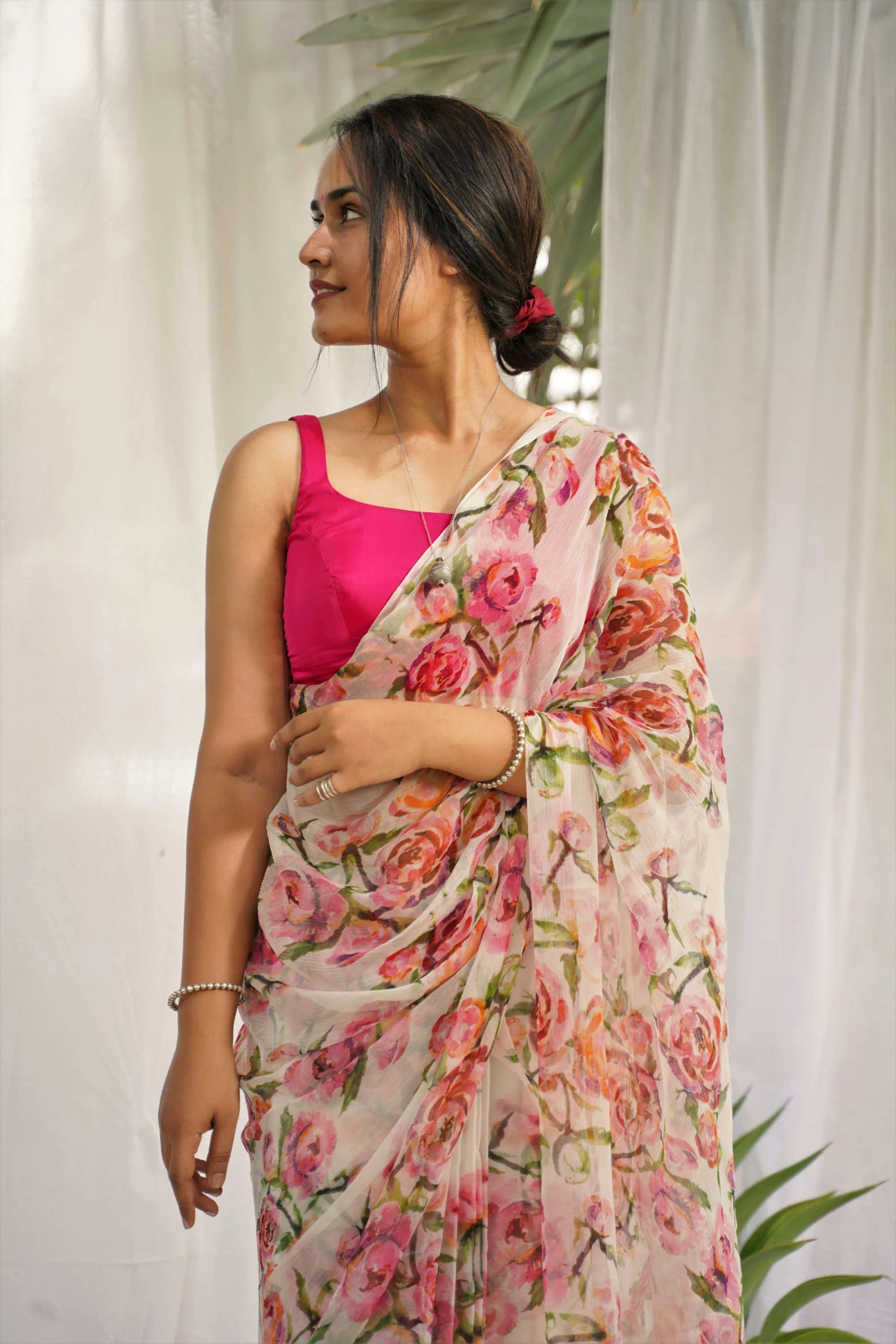 1 MIN Ready To Wear Pink Red Rose saree - Kiara