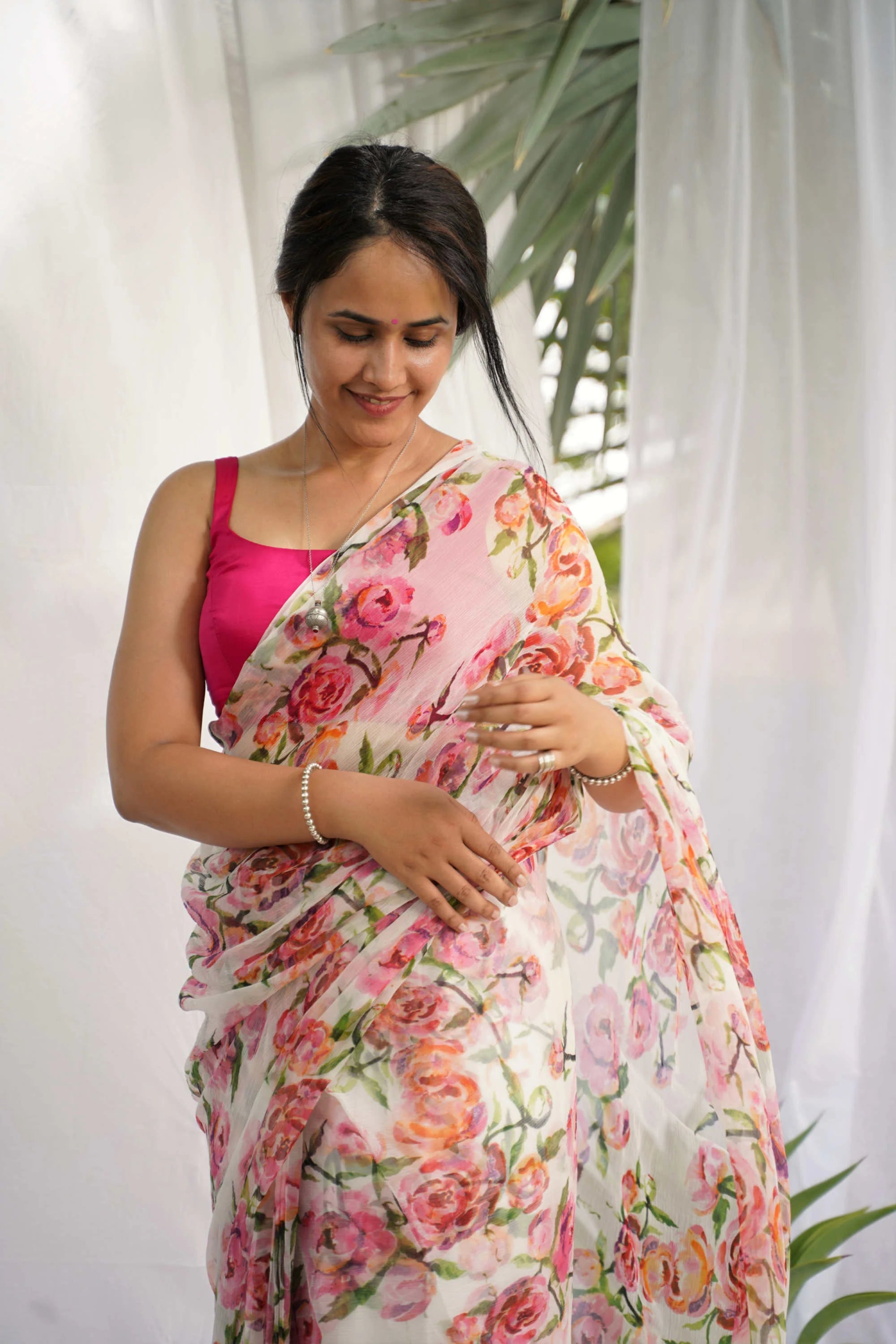 1 MIN Ready To Wear Pink Red Rose saree - Kiara