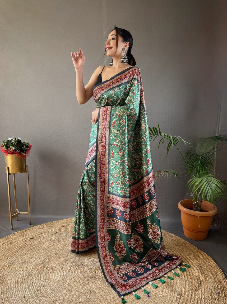 Green Krishna Ajrakh printed saree
