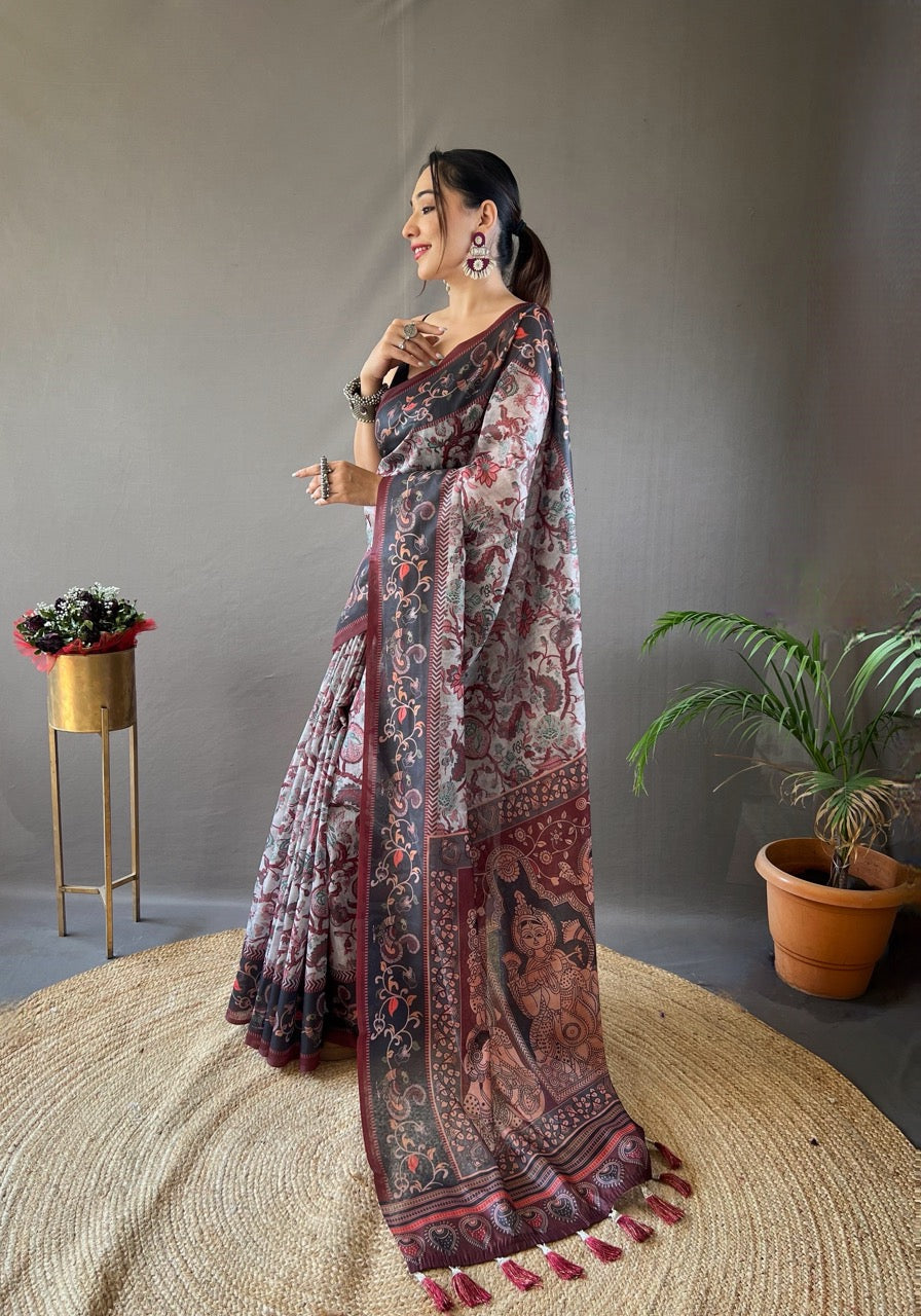 Ash Grey & Maroon Kalamkari printed Saree