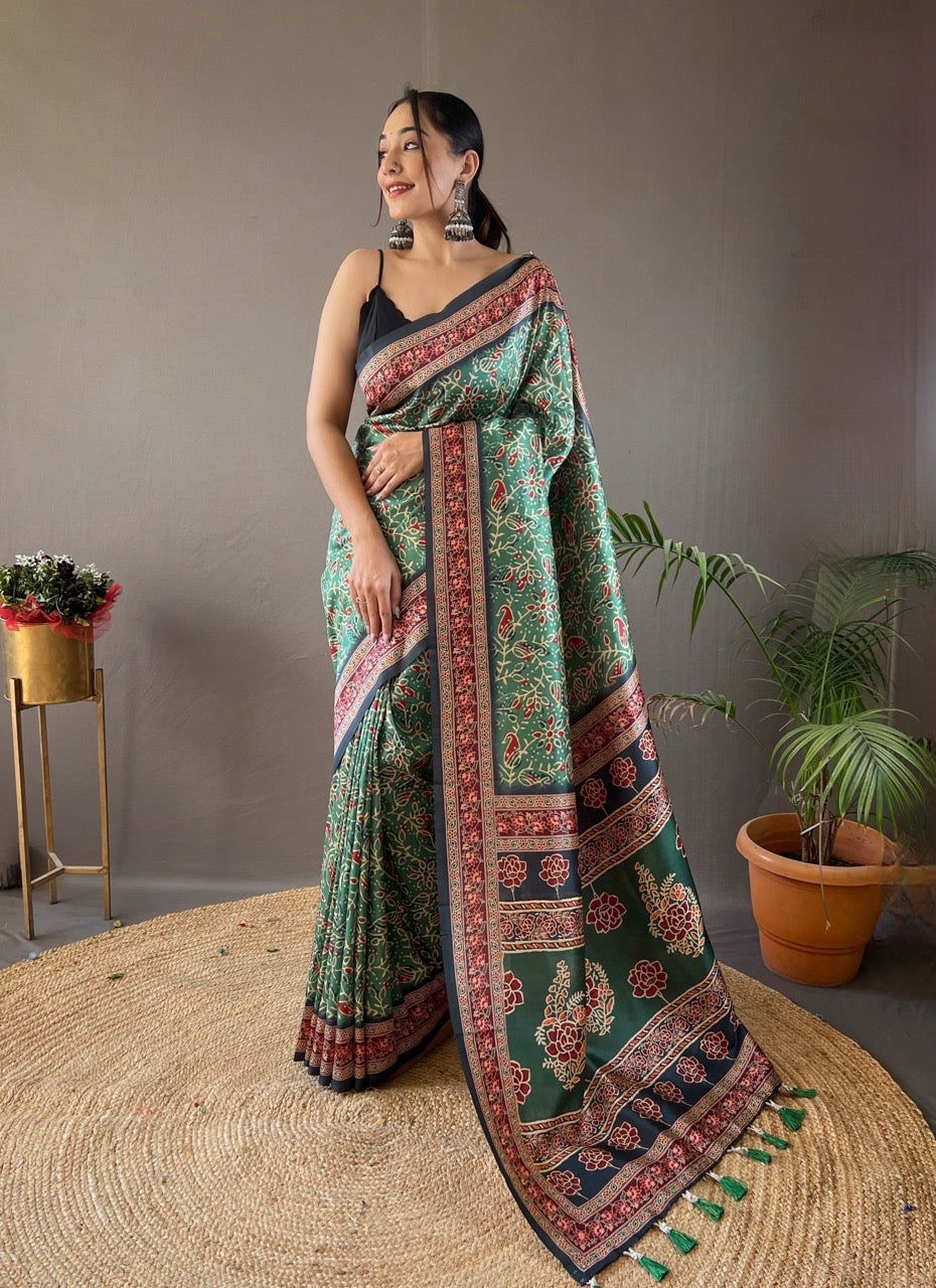 Green Krishna Ajrakh printed saree