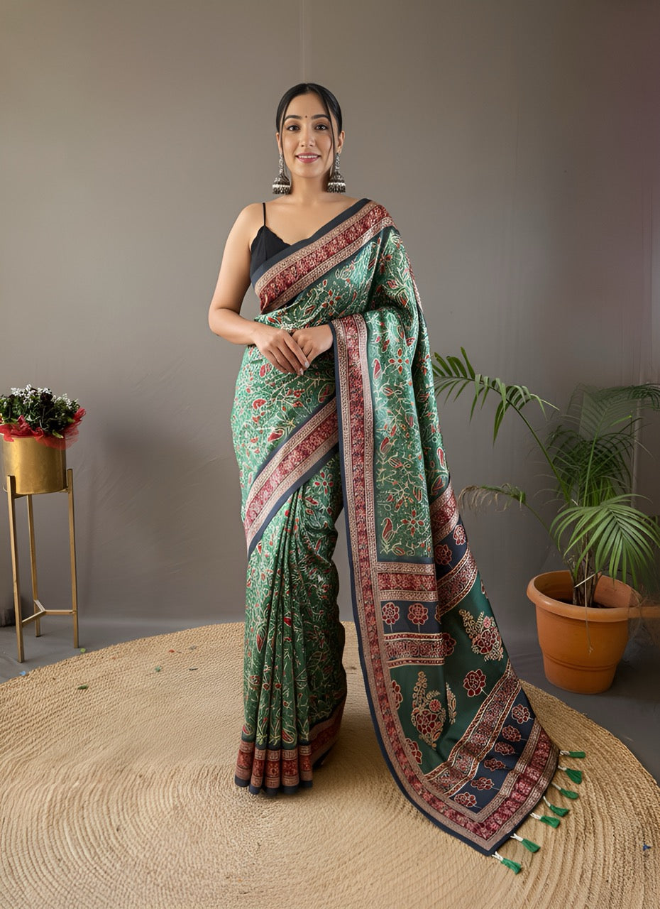 Green Krishna Ajrakh printed saree