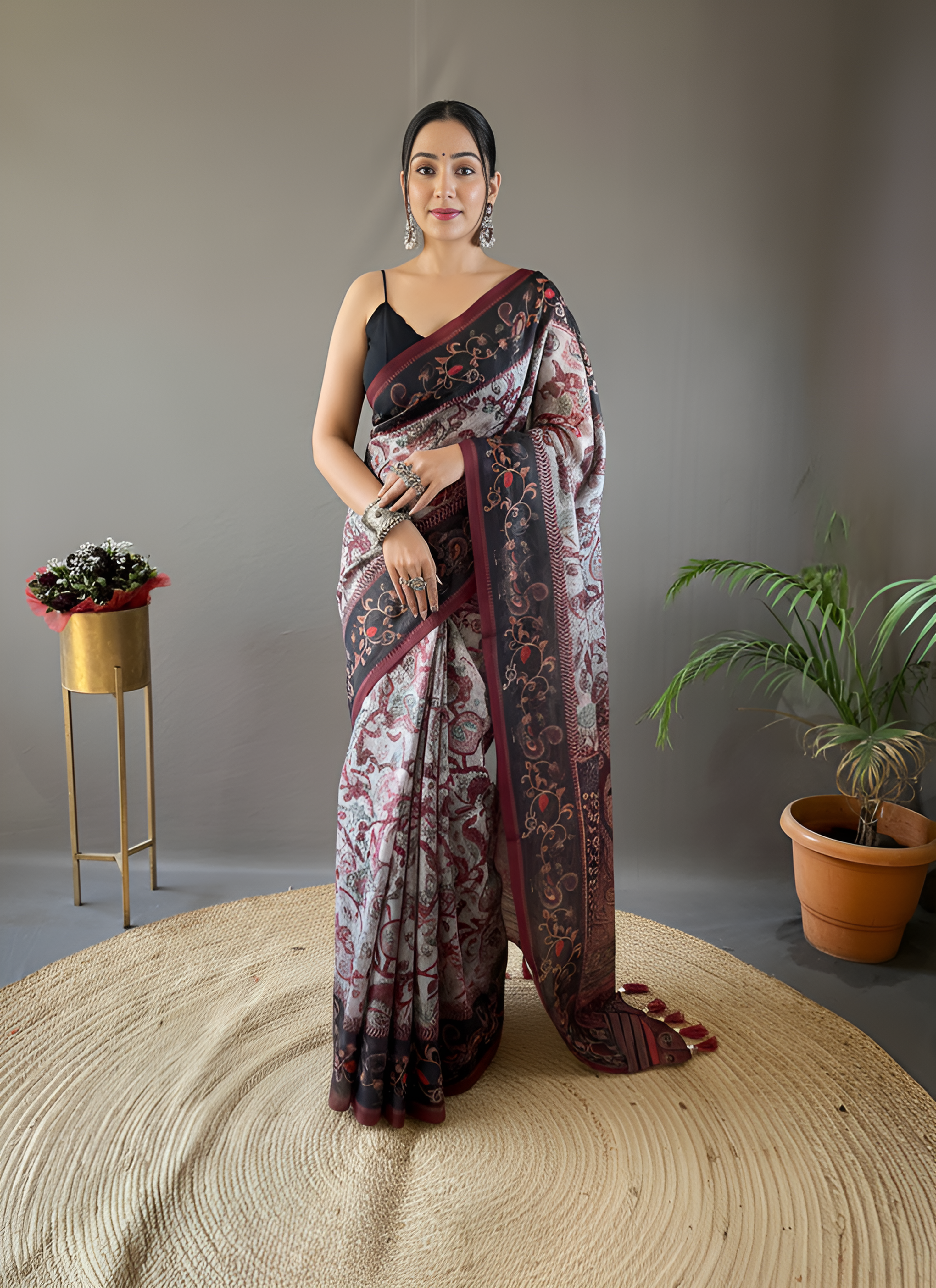 Ash Grey & Maroon Kalamkari printed Saree