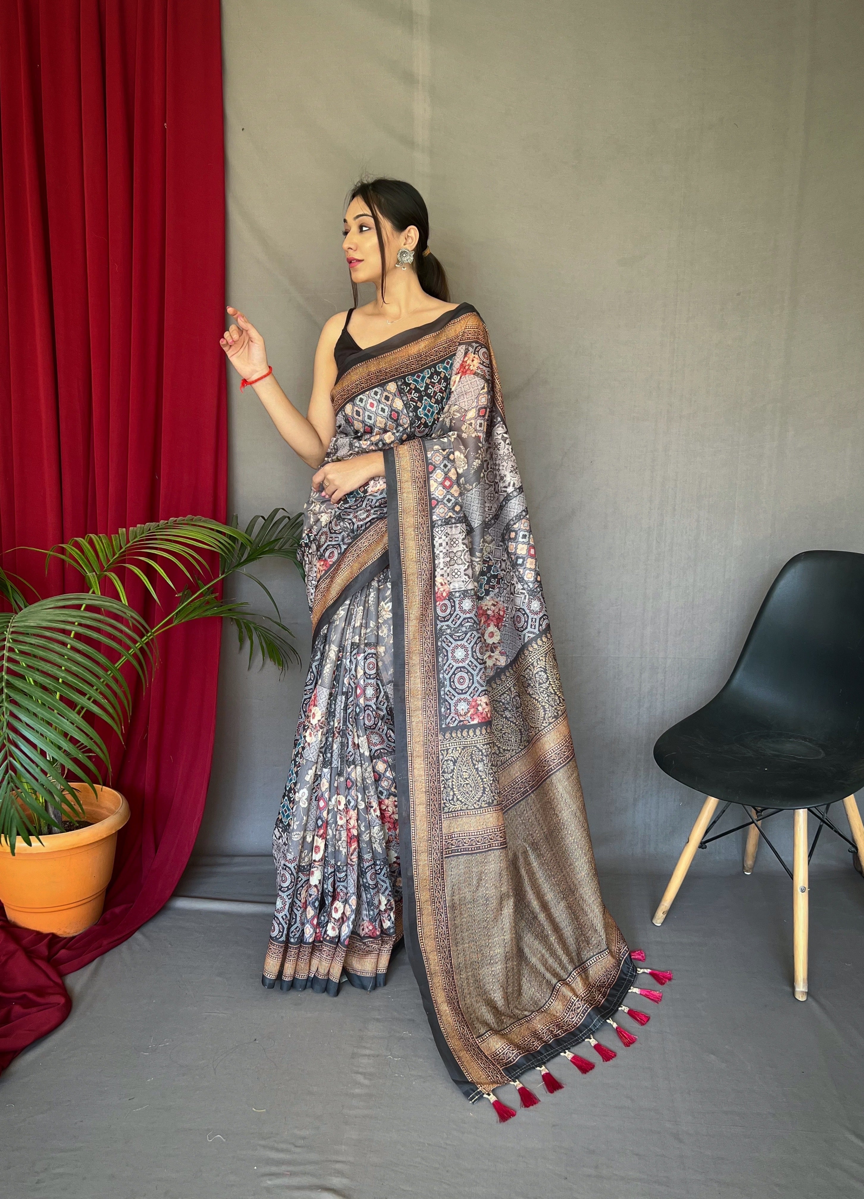 Grey Ajrakh Carpet Silk Cotton Printed Saree