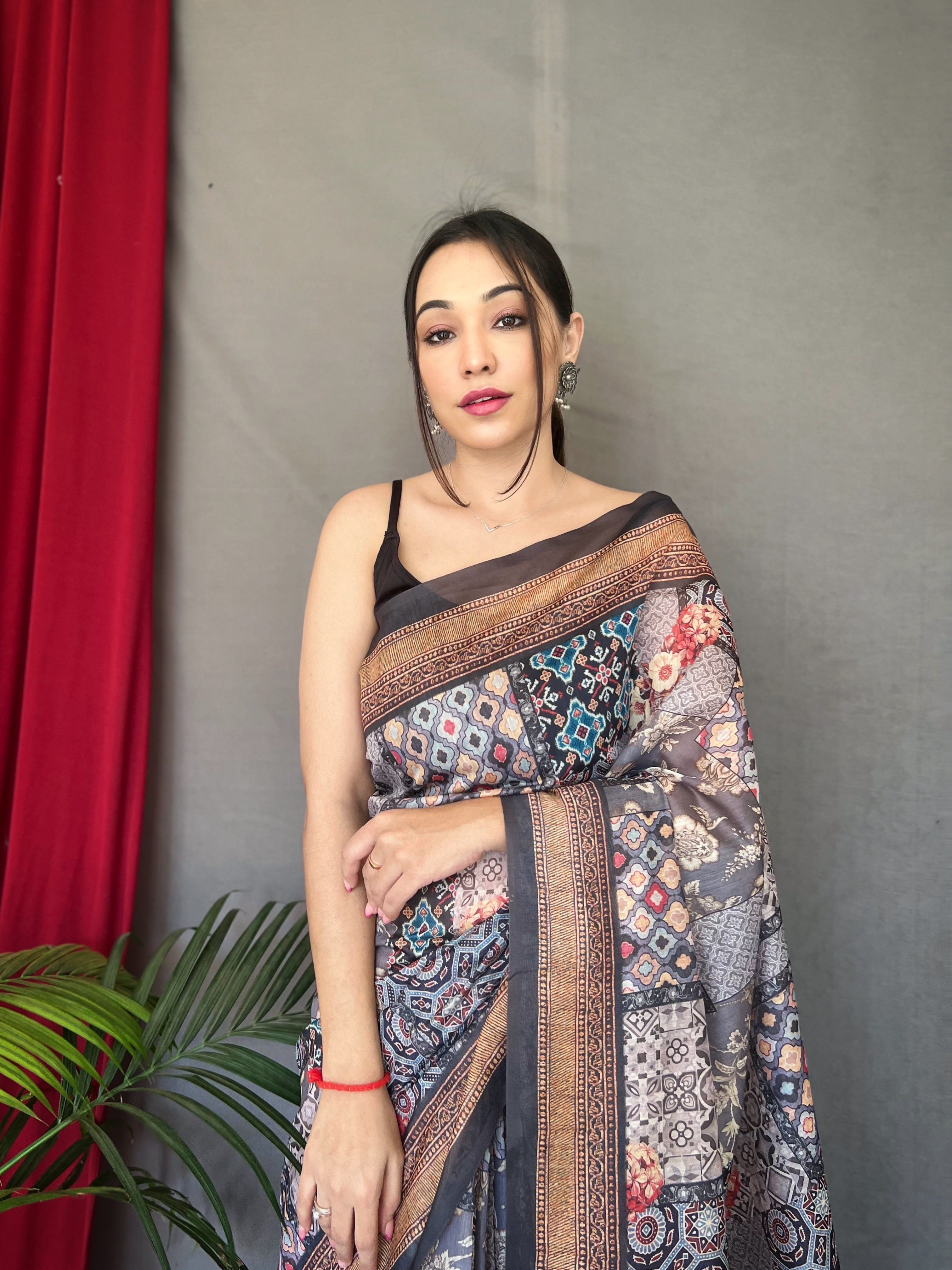 Grey Ajrakh Carpet Silk Cotton Printed Saree