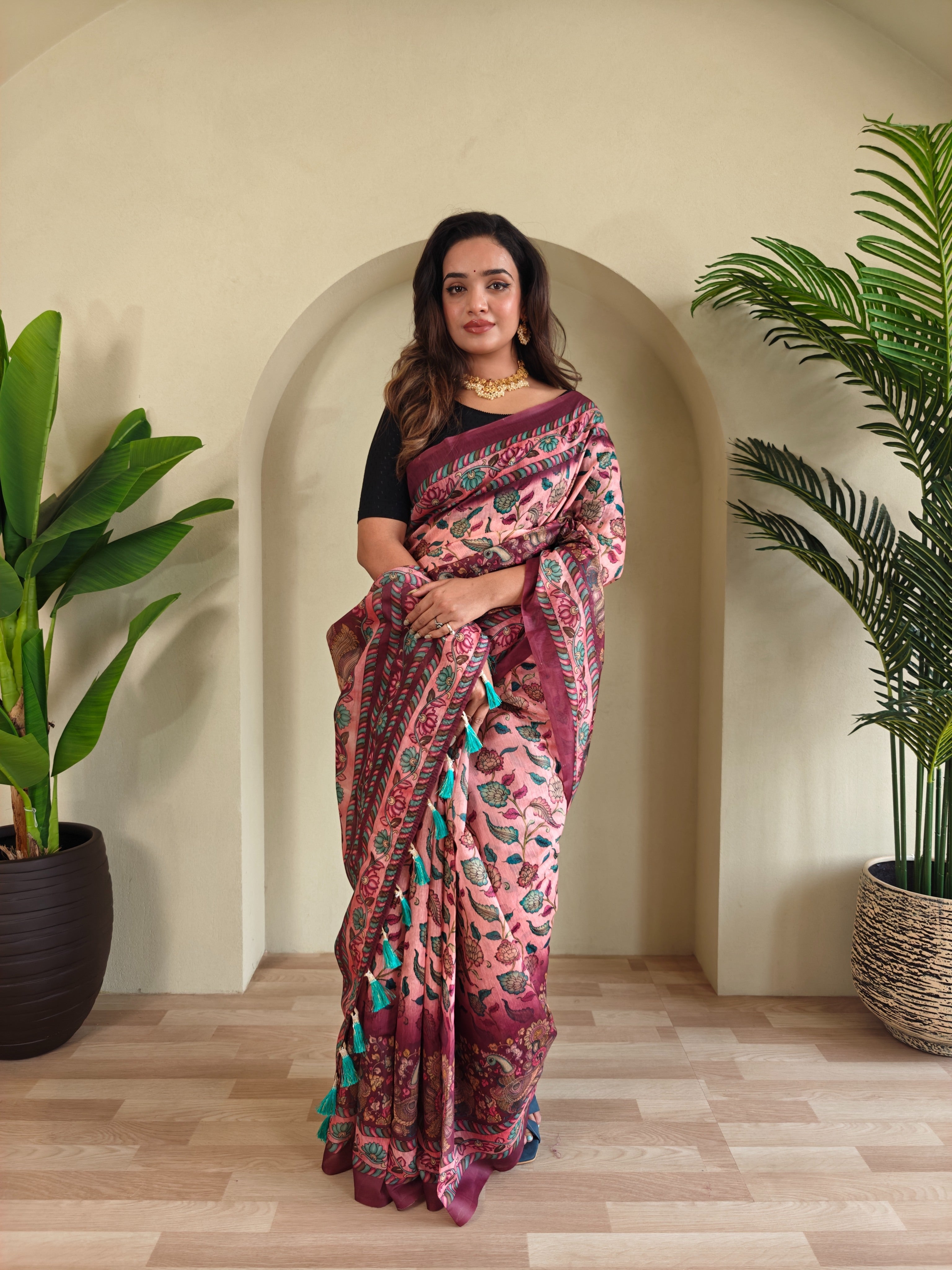 Pure malai Cotton Pink Kalamkari pattern Saree - Priyanka