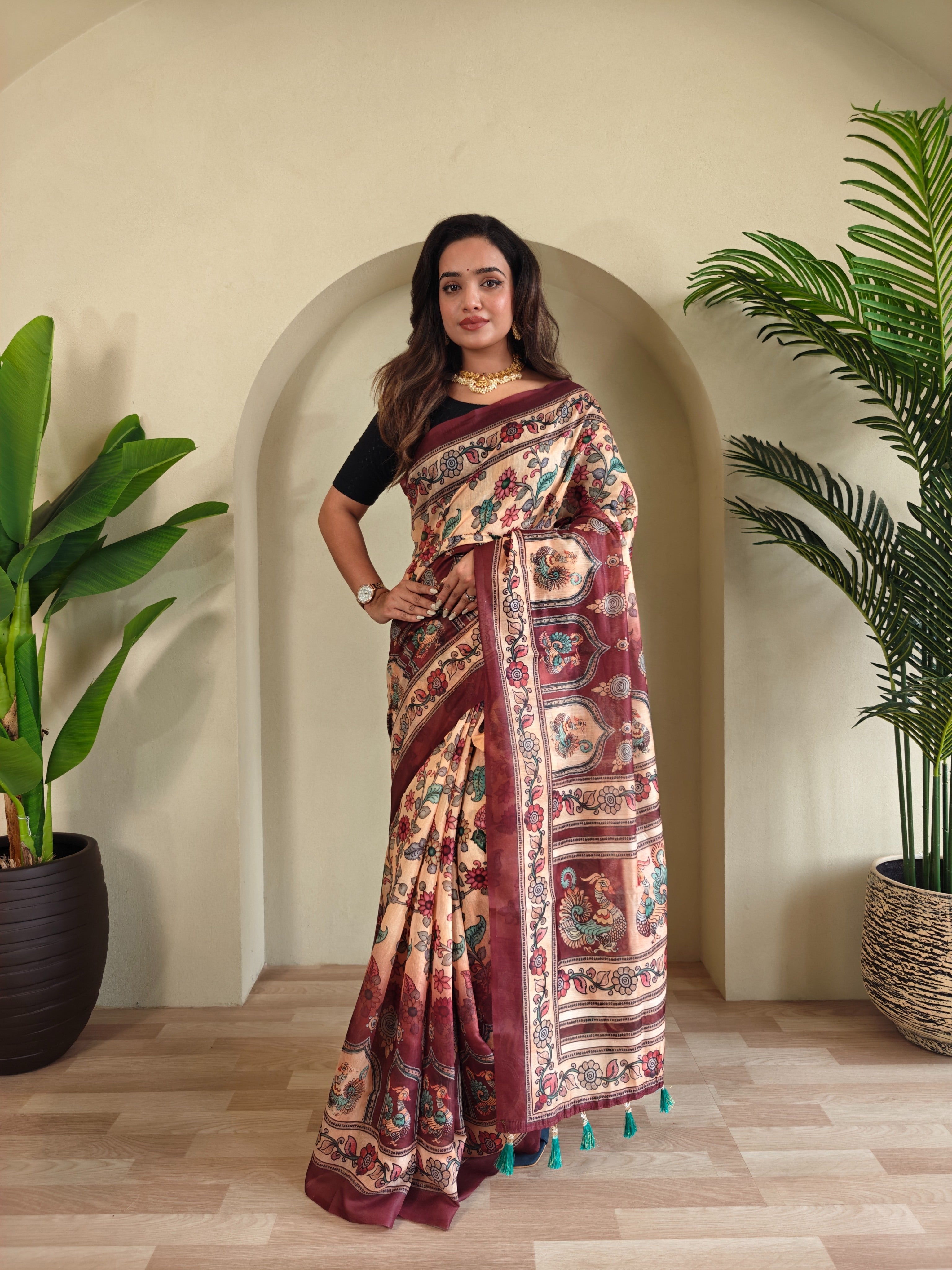 Pure malai Cotton Cream Kalamkari pattern Saree - Priyanka