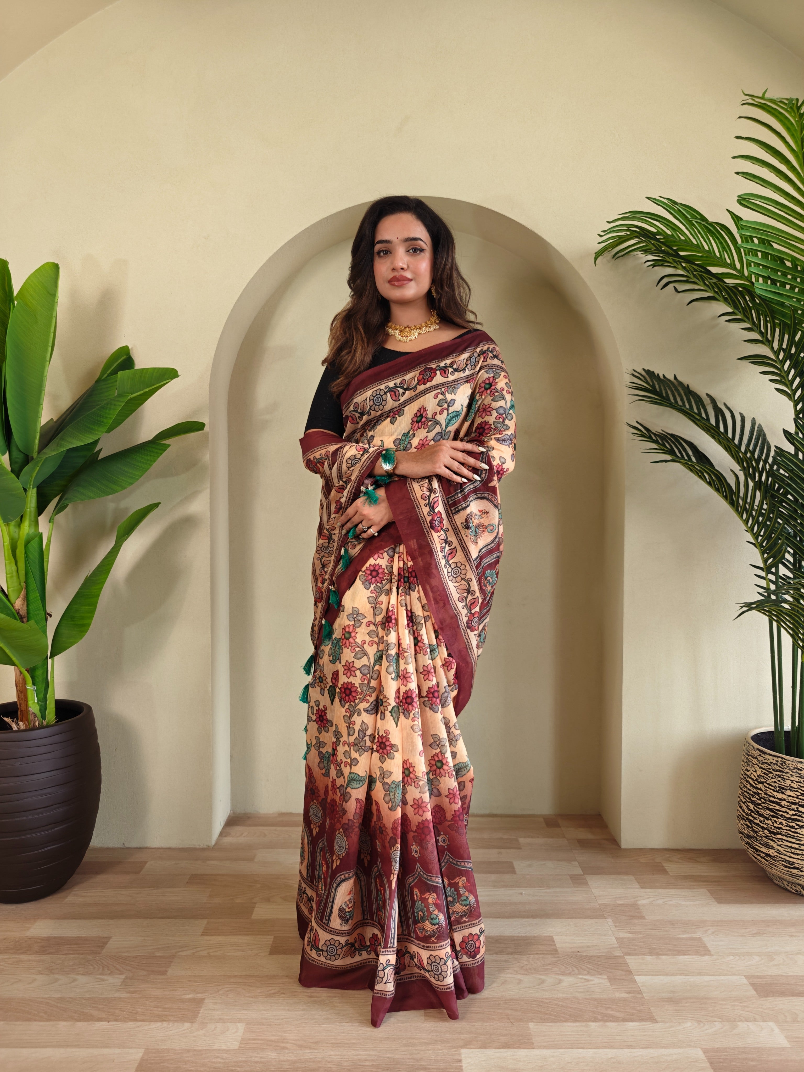 Pure malai Cotton Cream Kalamkari pattern Saree - Priyanka