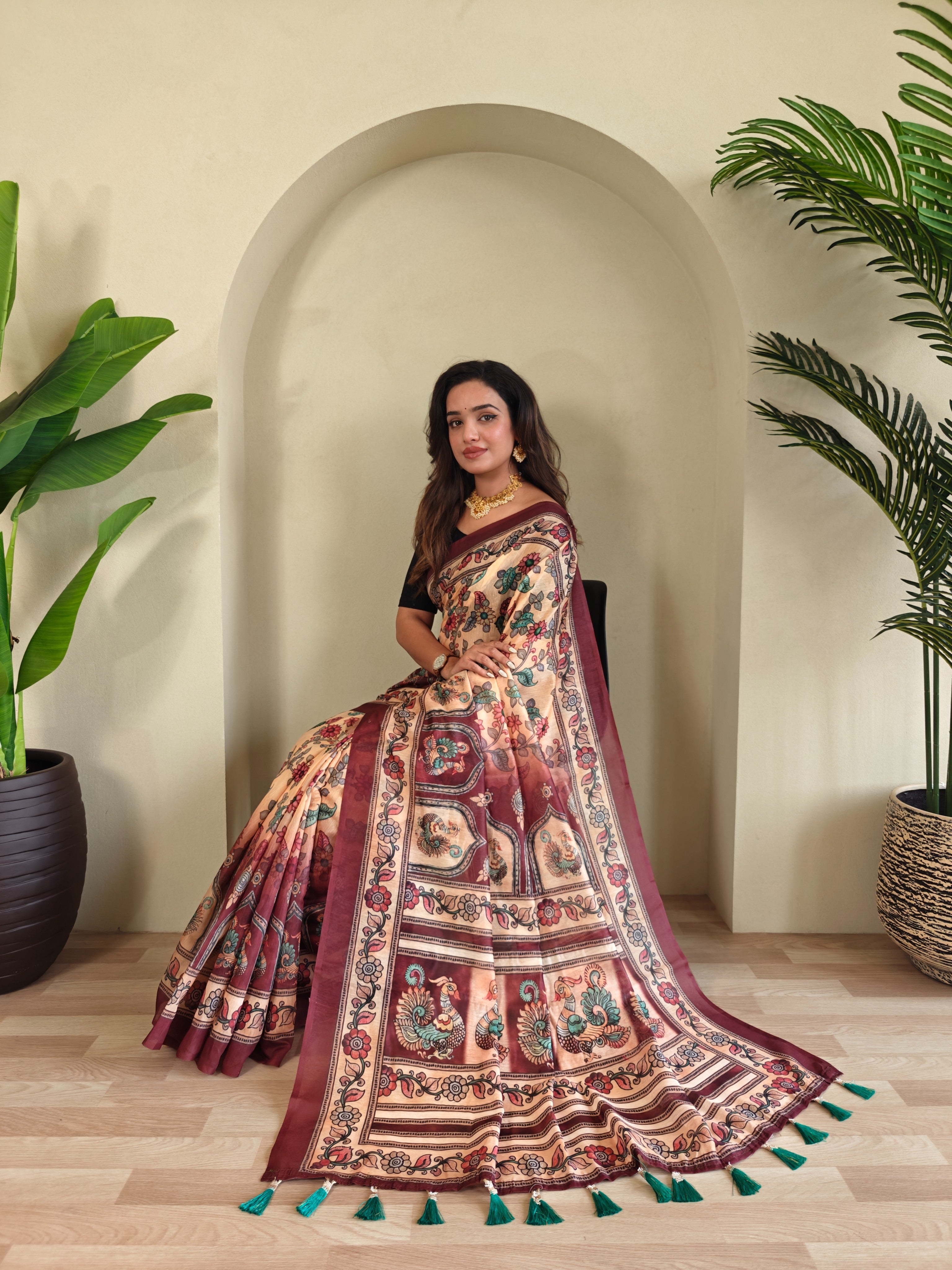 Pure malai Cotton Cream Kalamkari pattern Saree - Priyanka