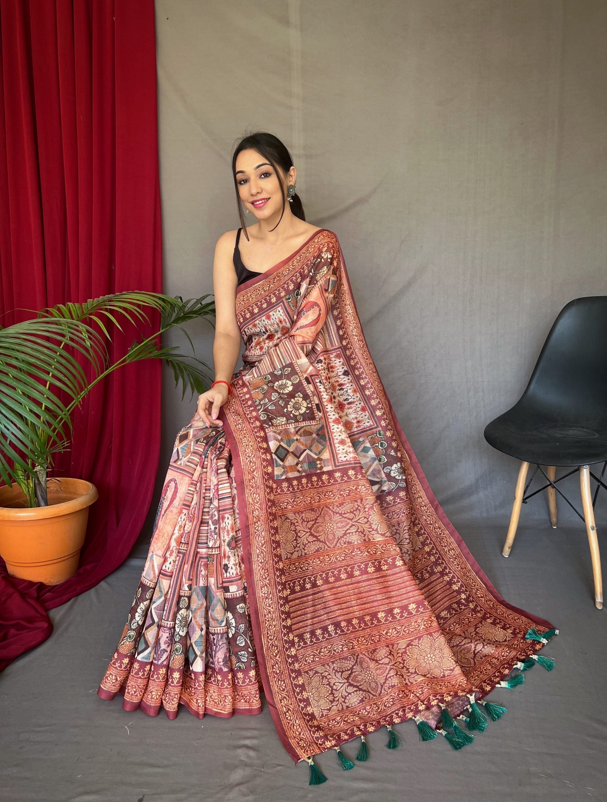 Brown Ajrakh Carpet Silk Cotton Printed Saree