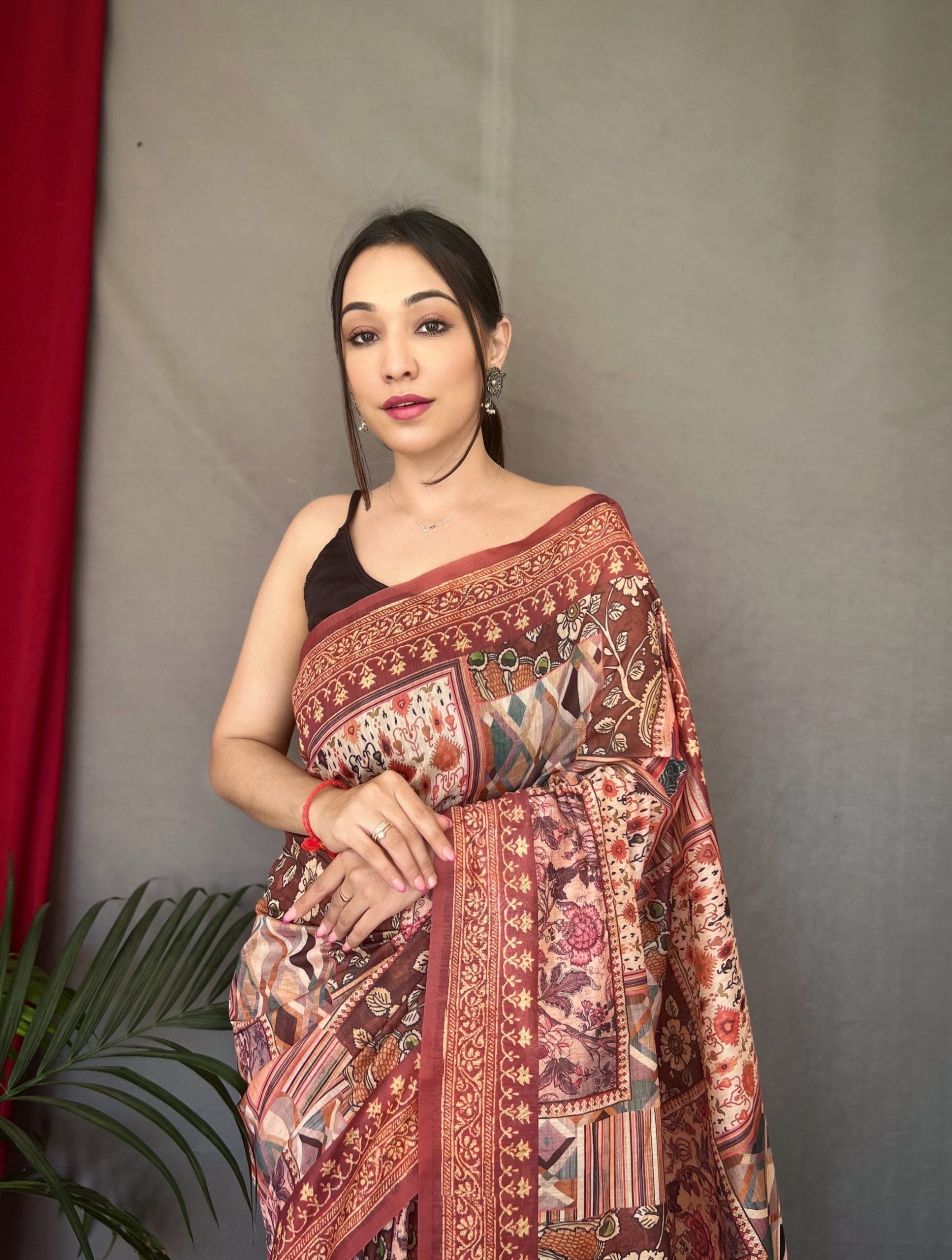 Brown Ajrakh Carpet Silk Cotton Printed Saree