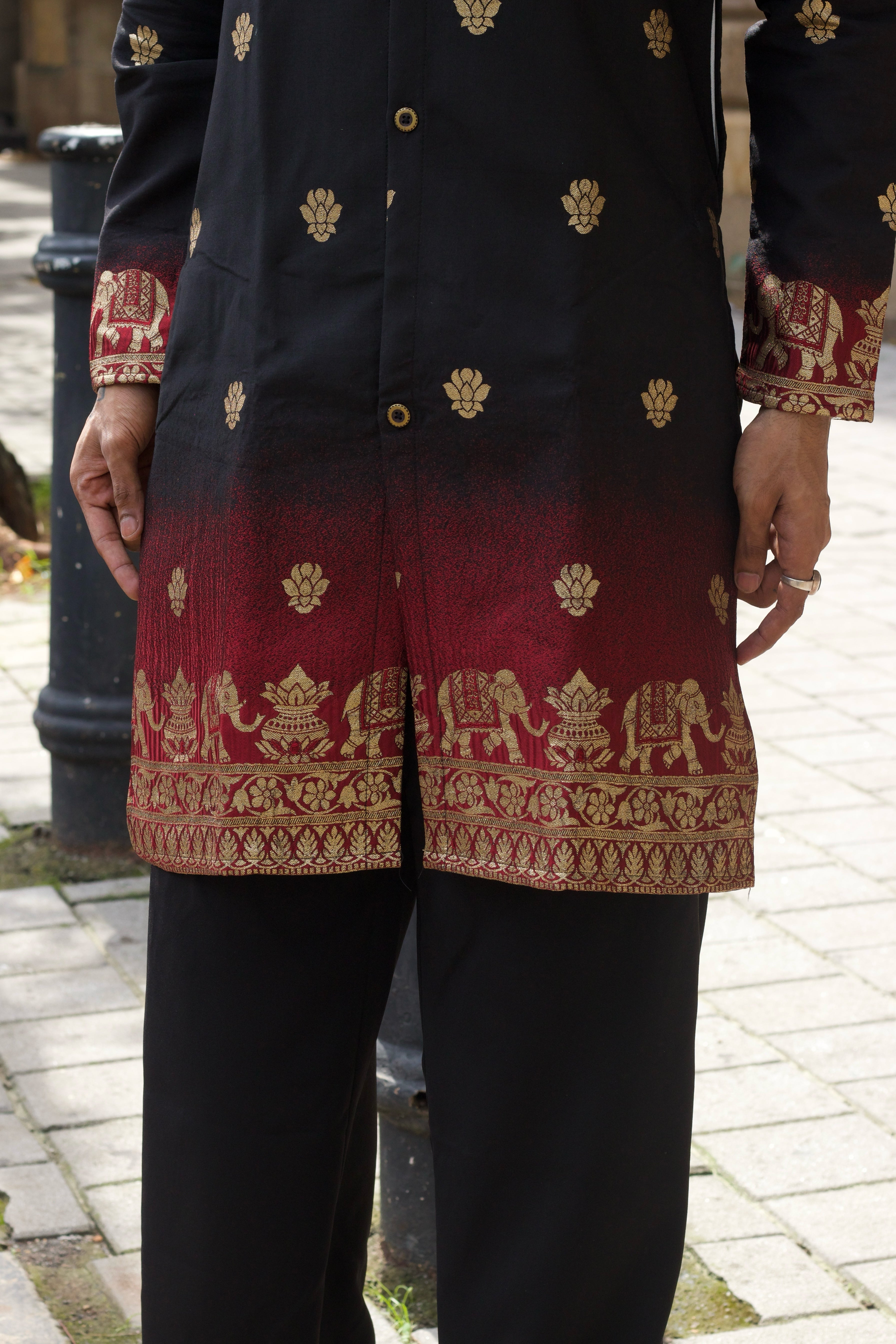 BLACK RED FADE REGAL ELEPHANT WEAVE JACQUARD KURTA