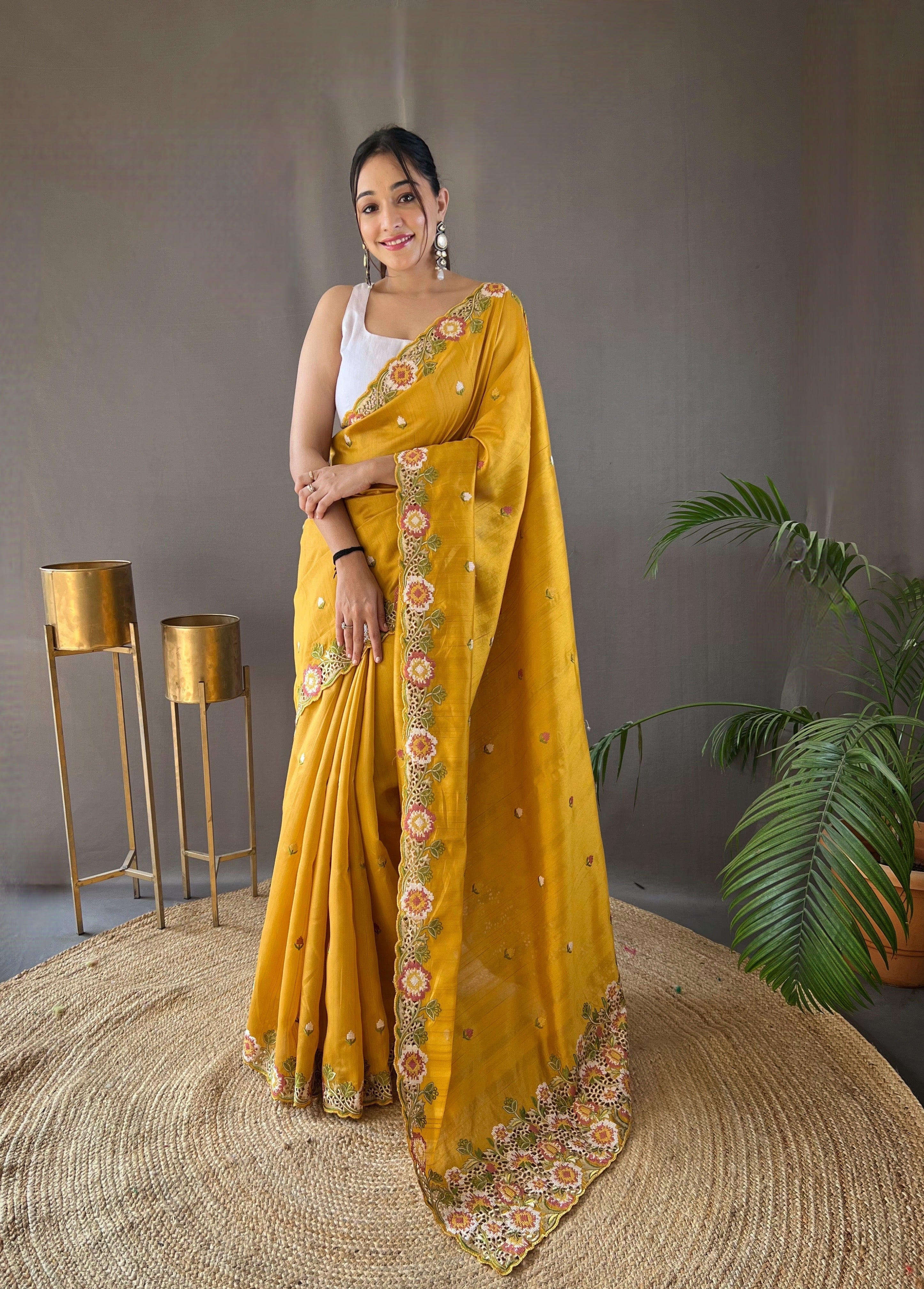 Yellow Narmada Tussar Silk Embroidered Saree
