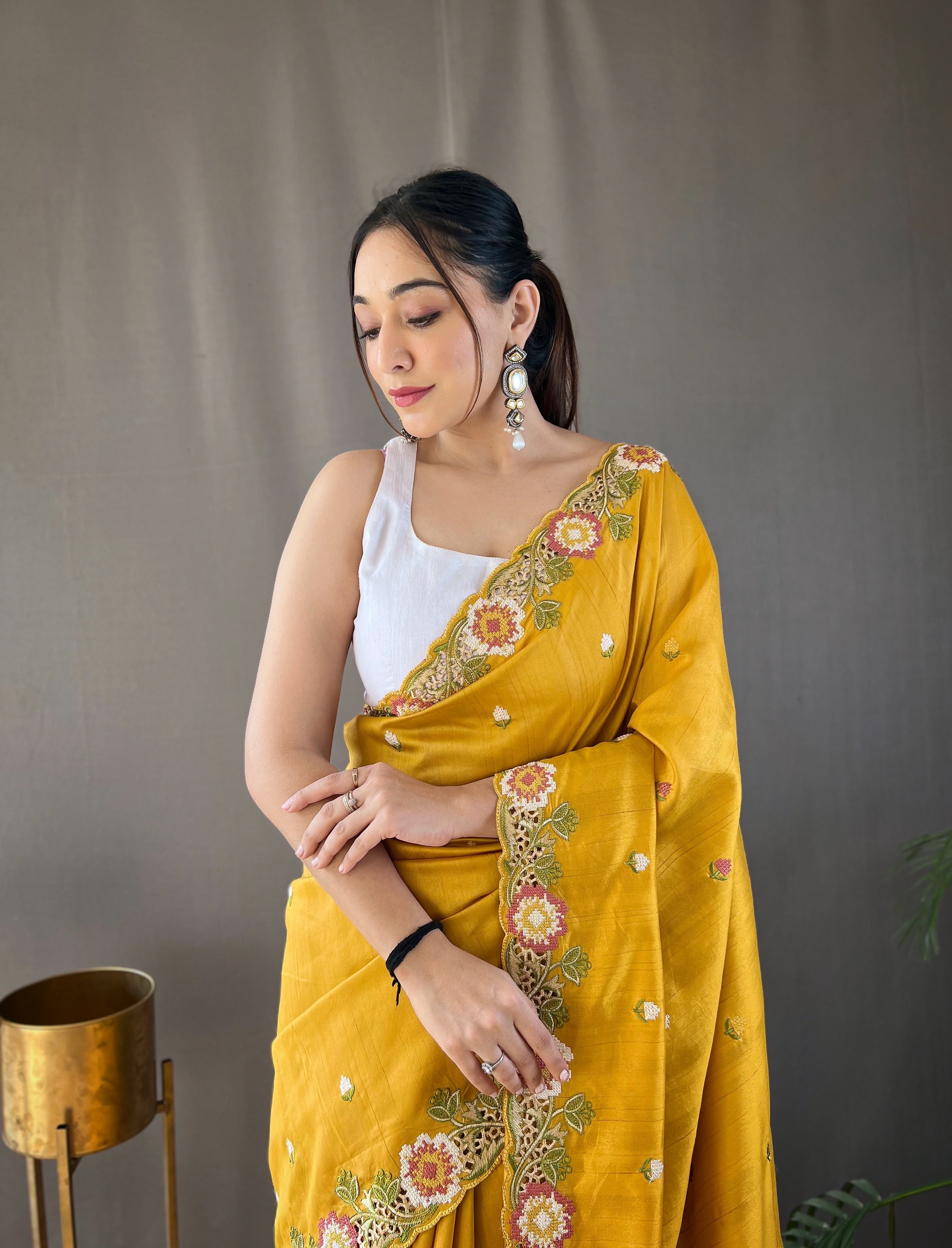 Yellow Narmada Tussar Silk Embroidered Saree