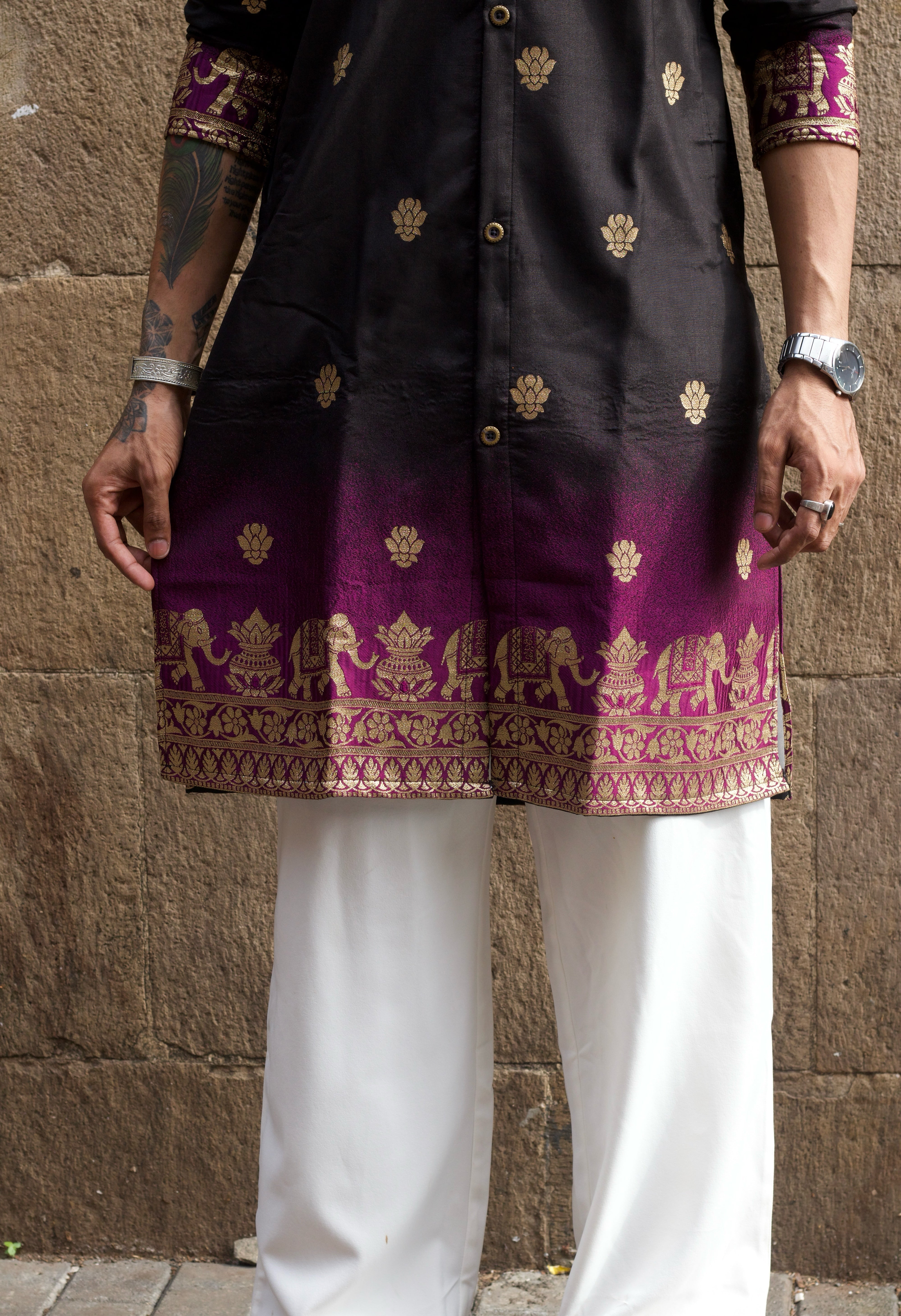 BLACK PURPLE FADE REGAL ELEPHANT WEAVE JACQUARD KURTA