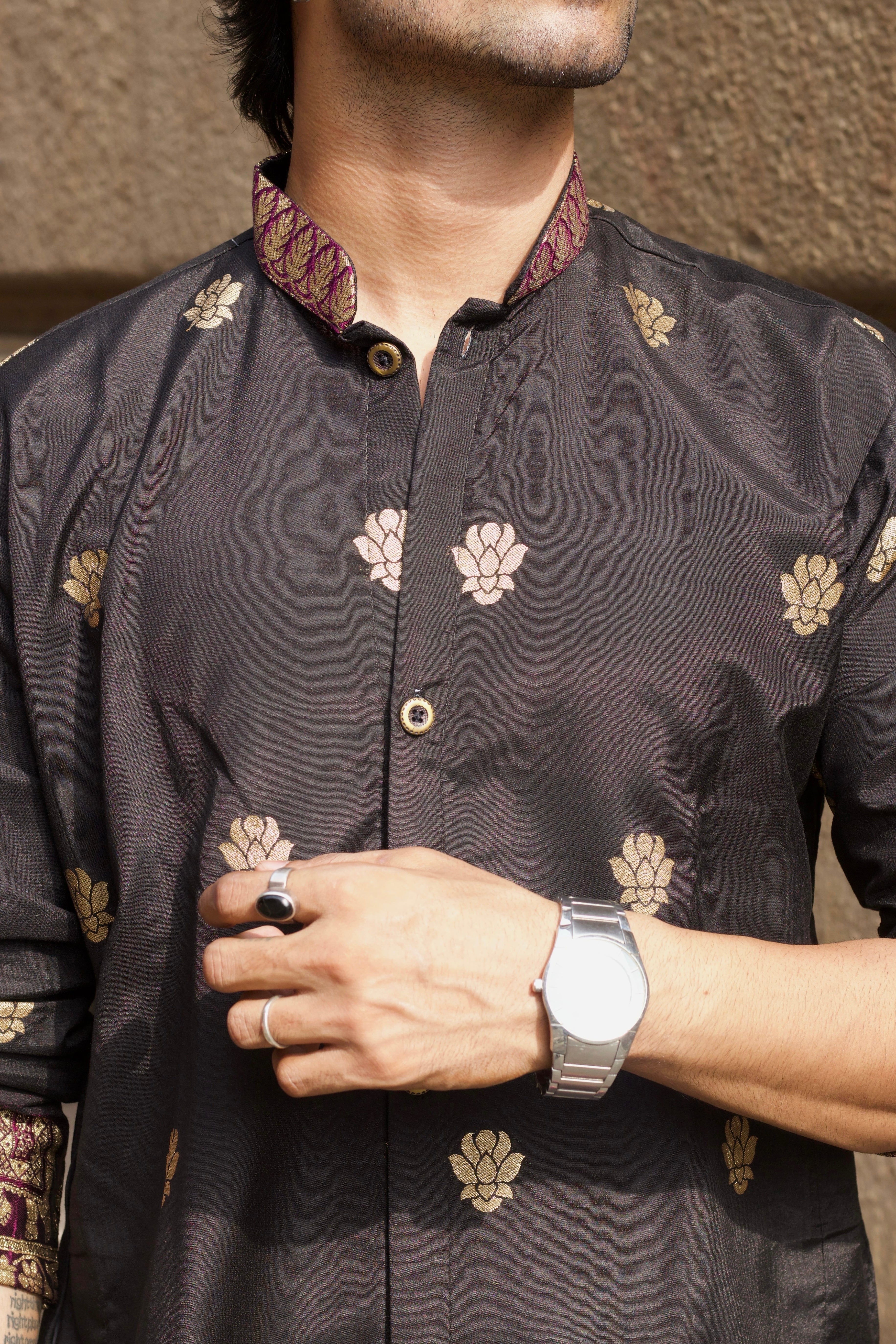 BLACK PURPLE FADE REGAL ELEPHANT WEAVE JACQUARD KURTA