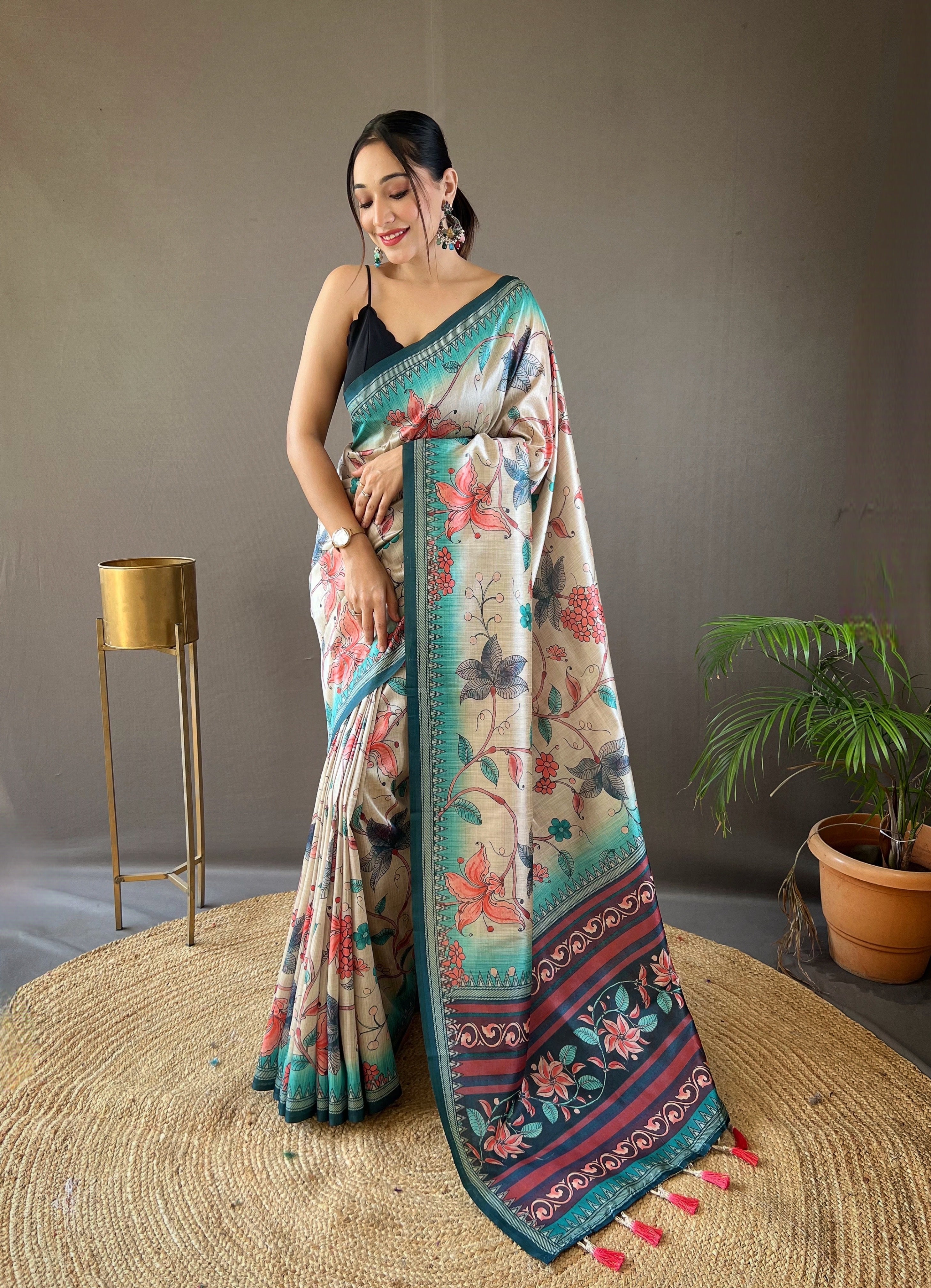 One Minute Ready to Wear Light Grey Digital Kalamkari Printed Saree