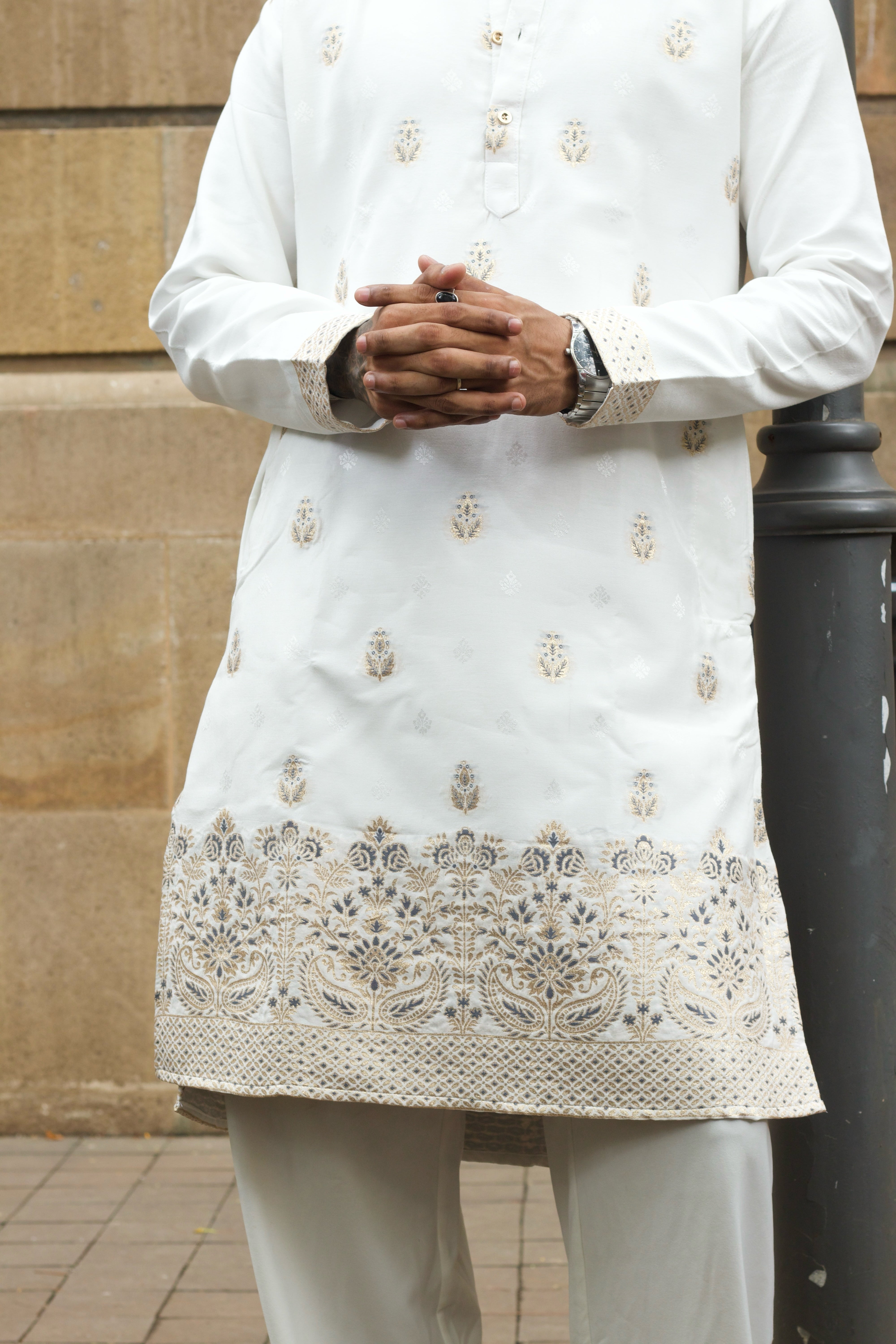 WHITE SHAHI MAHAL JACQUARD DESIGNER KURTA