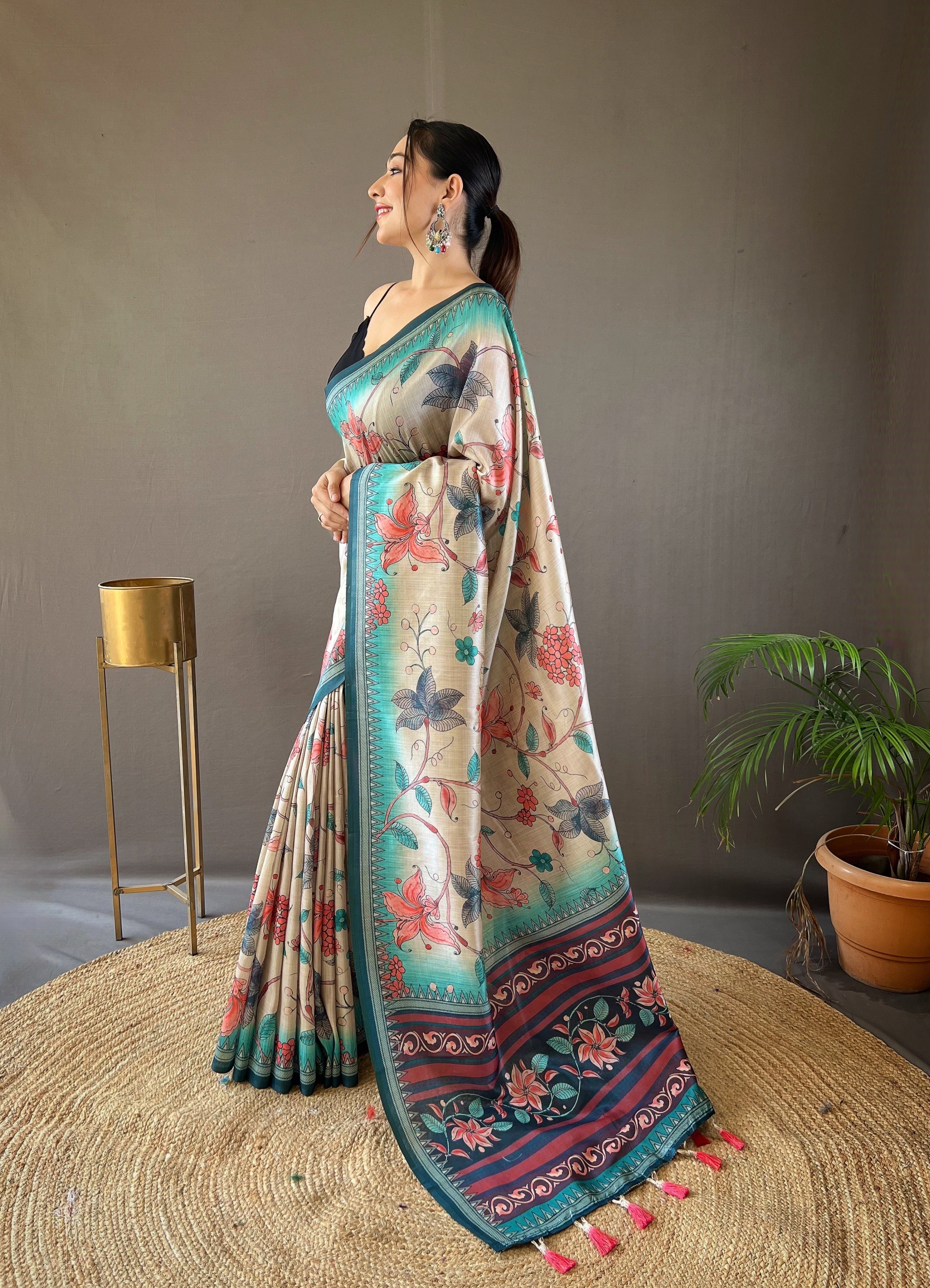 One Minute Ready to Wear Light Grey Digital Kalamkari Printed Saree