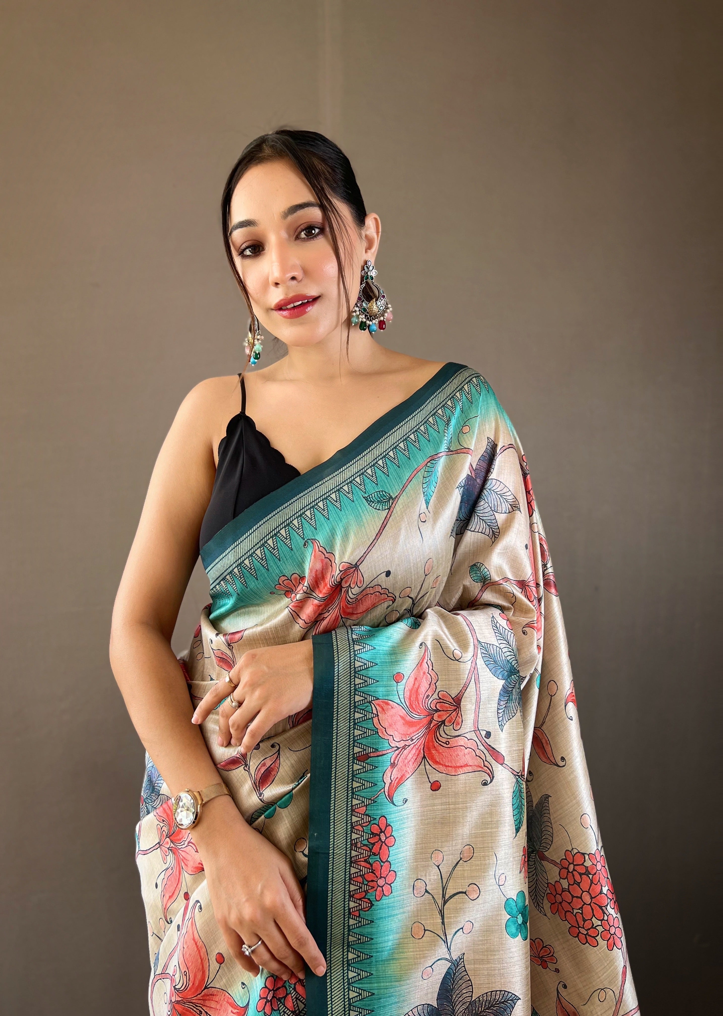 One Minute Ready to Wear Light Grey Digital Kalamkari Printed Saree