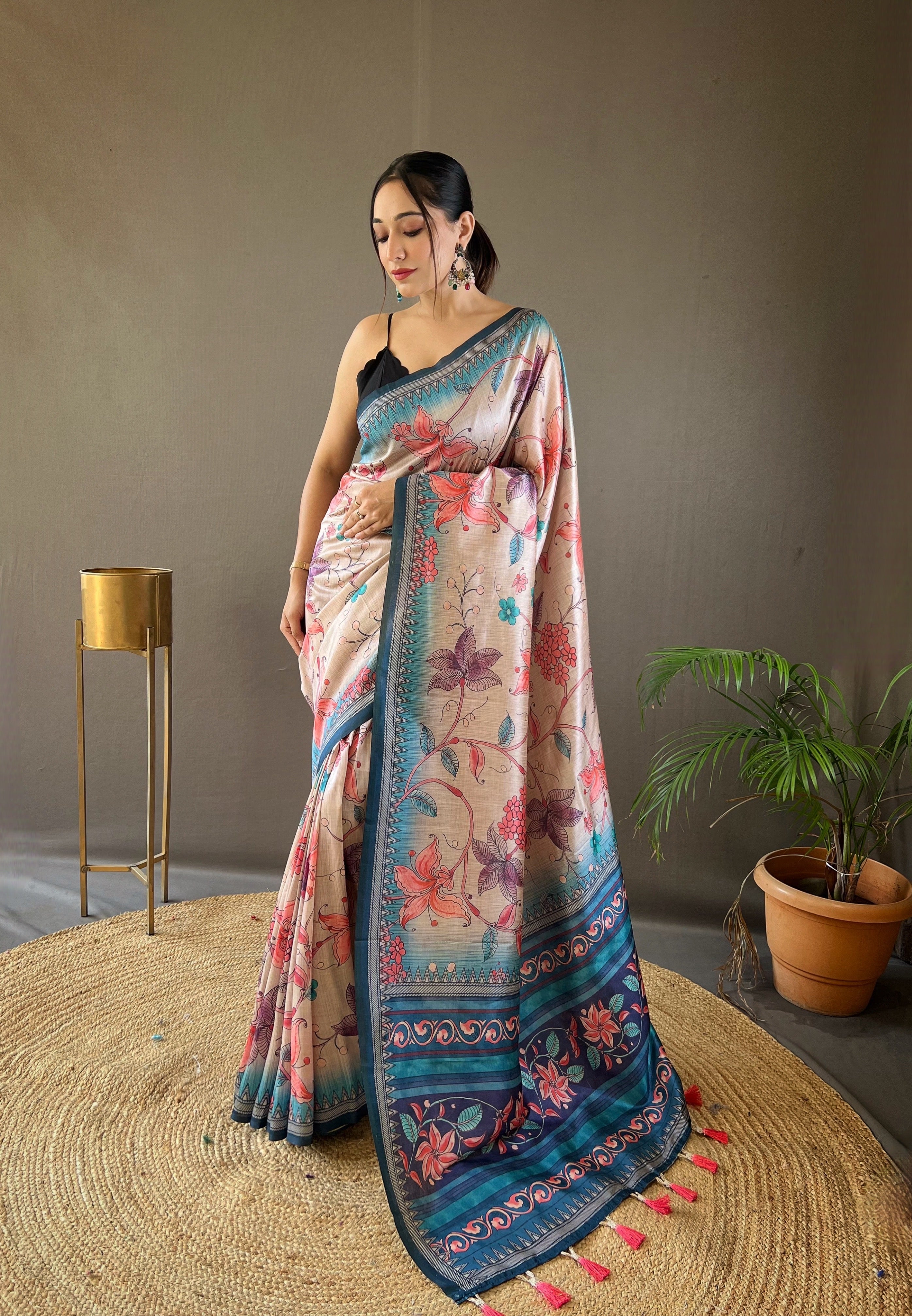 One Minute Ready to Wear Grey Brown Digital Kalamkari Printed Saree