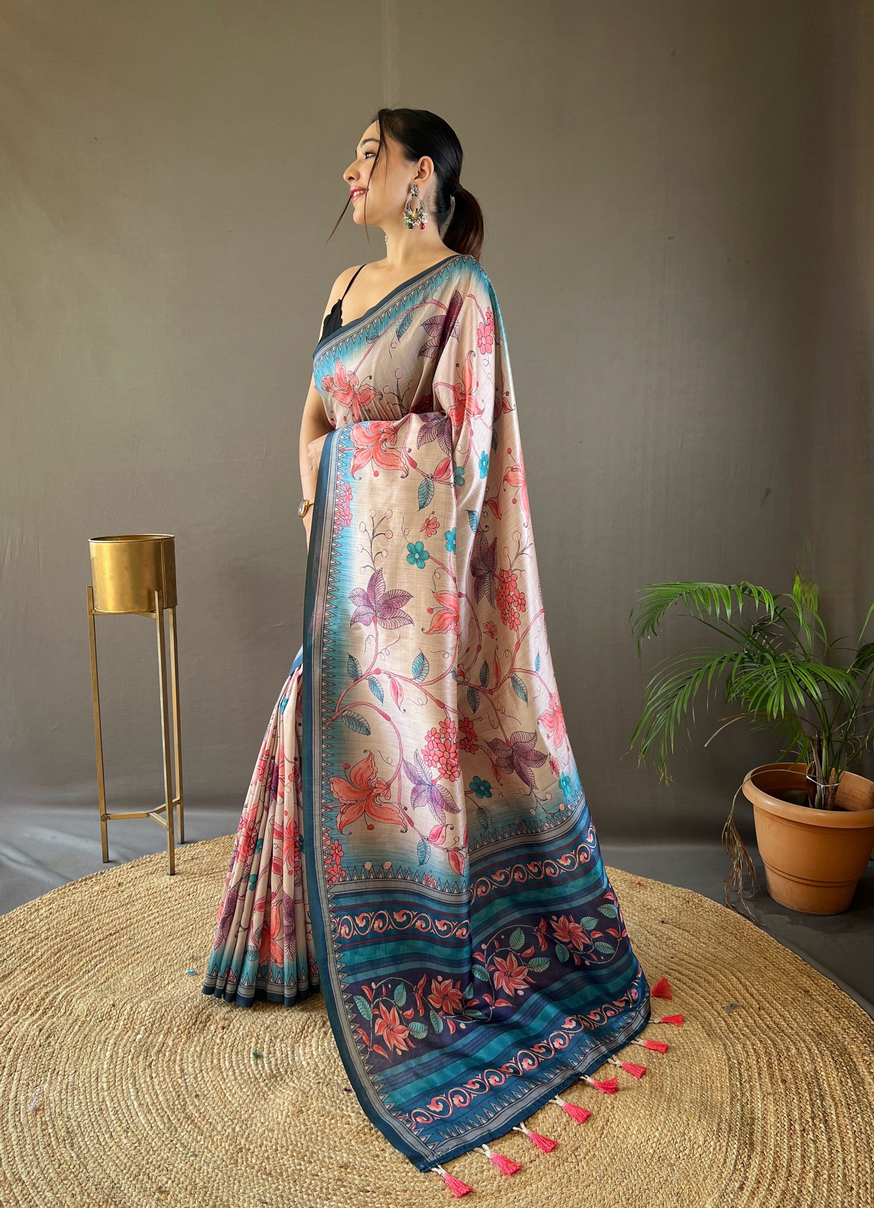 One Minute Ready to Wear Grey Brown Digital Kalamkari Printed Saree