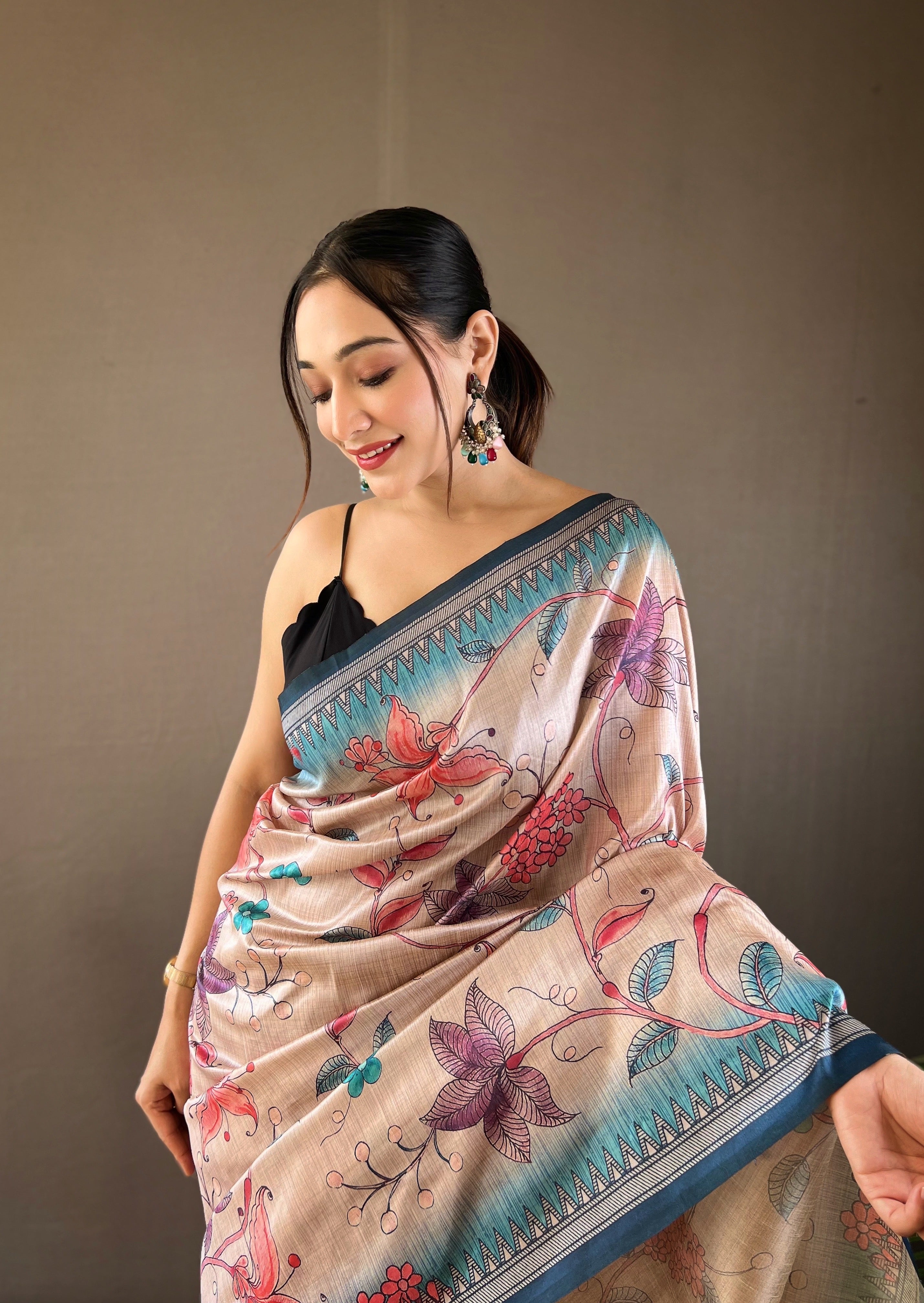 One Minute Ready to Wear Grey Brown Digital Kalamkari Printed Saree