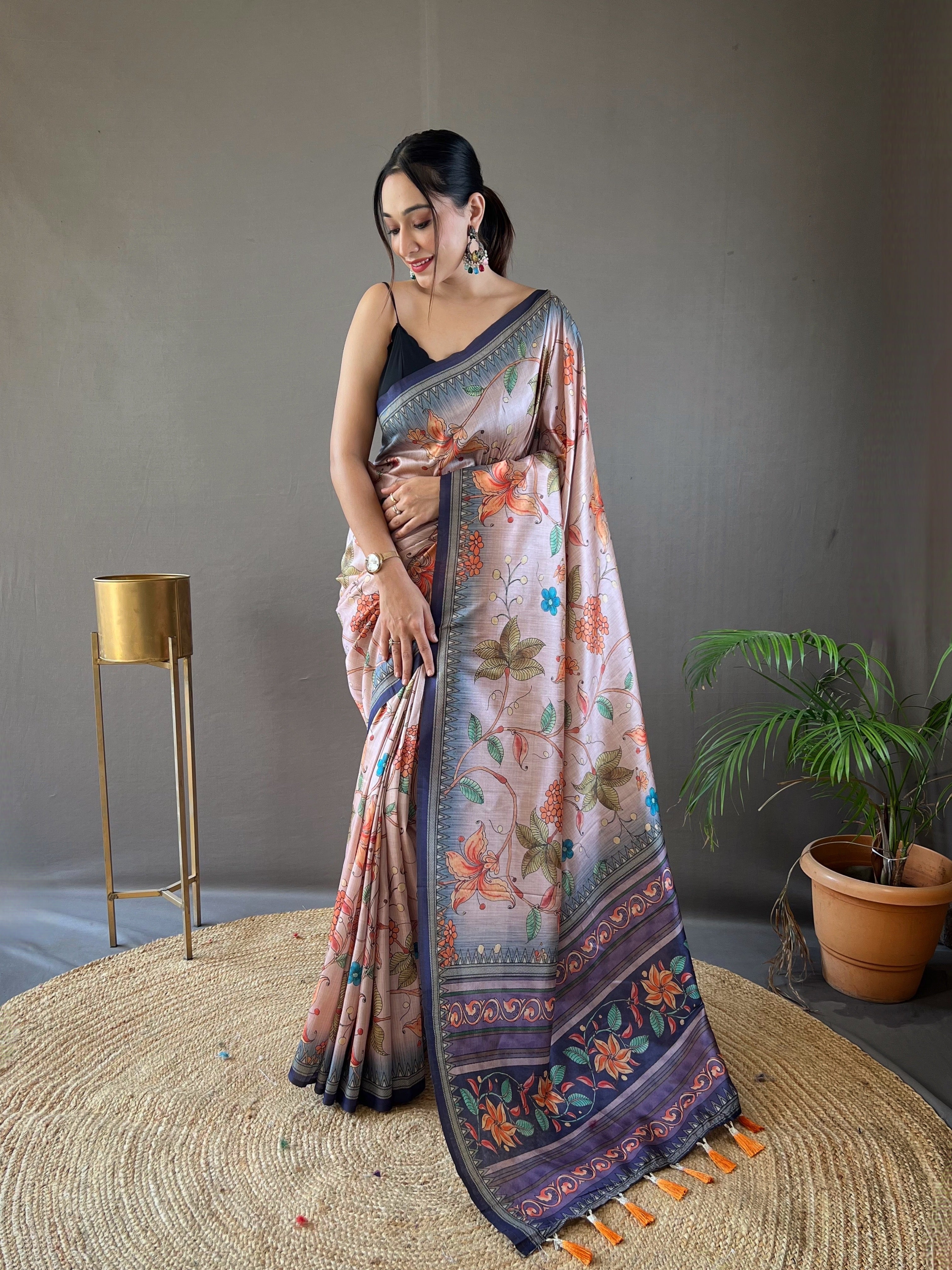 One Minute Ready to Wear Baby Pink Digital Kalamkari Printed Saree