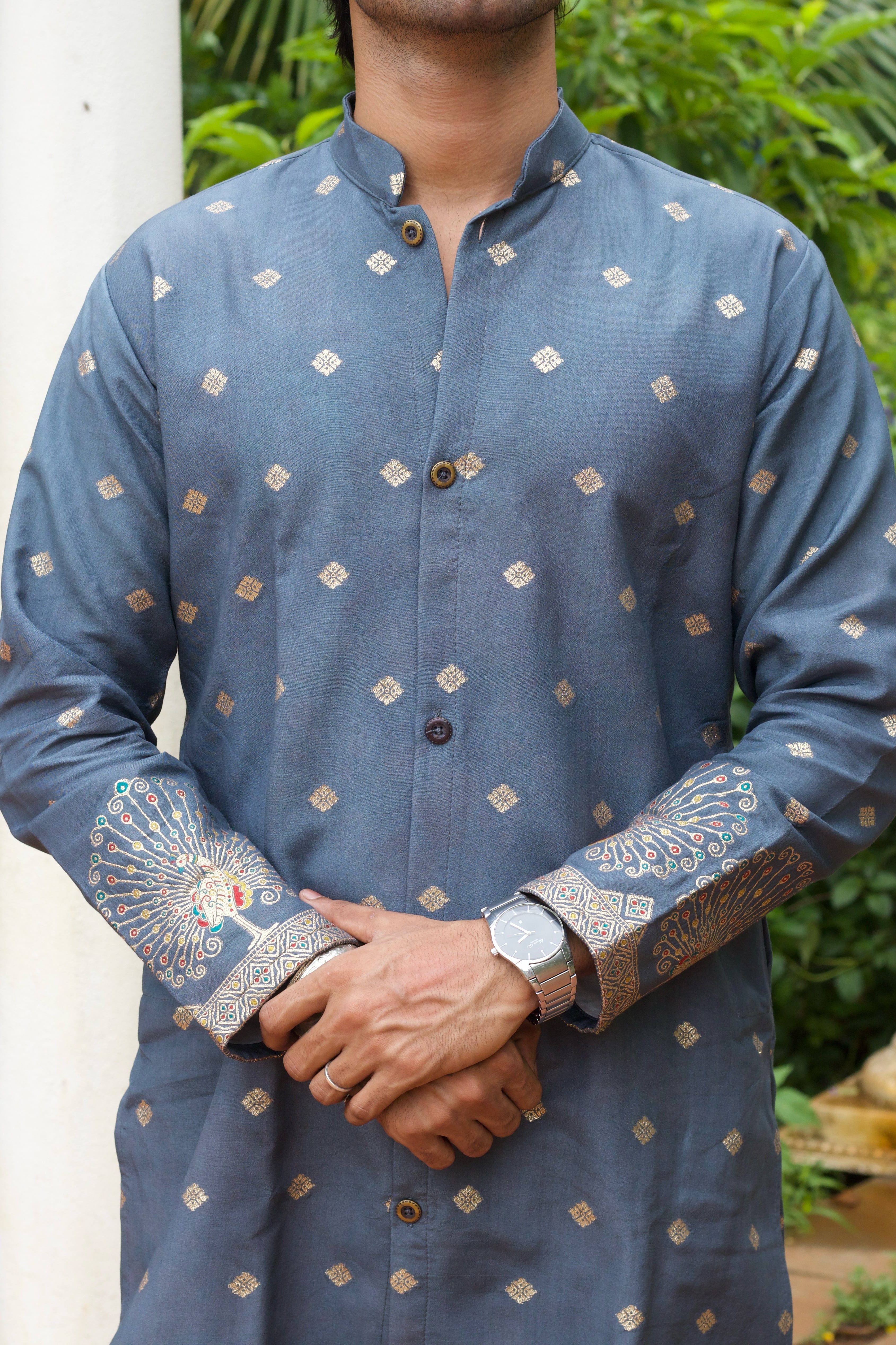 PEACOCK DESIGNED GREY JACQUARD INDO-WESTERN KURTA