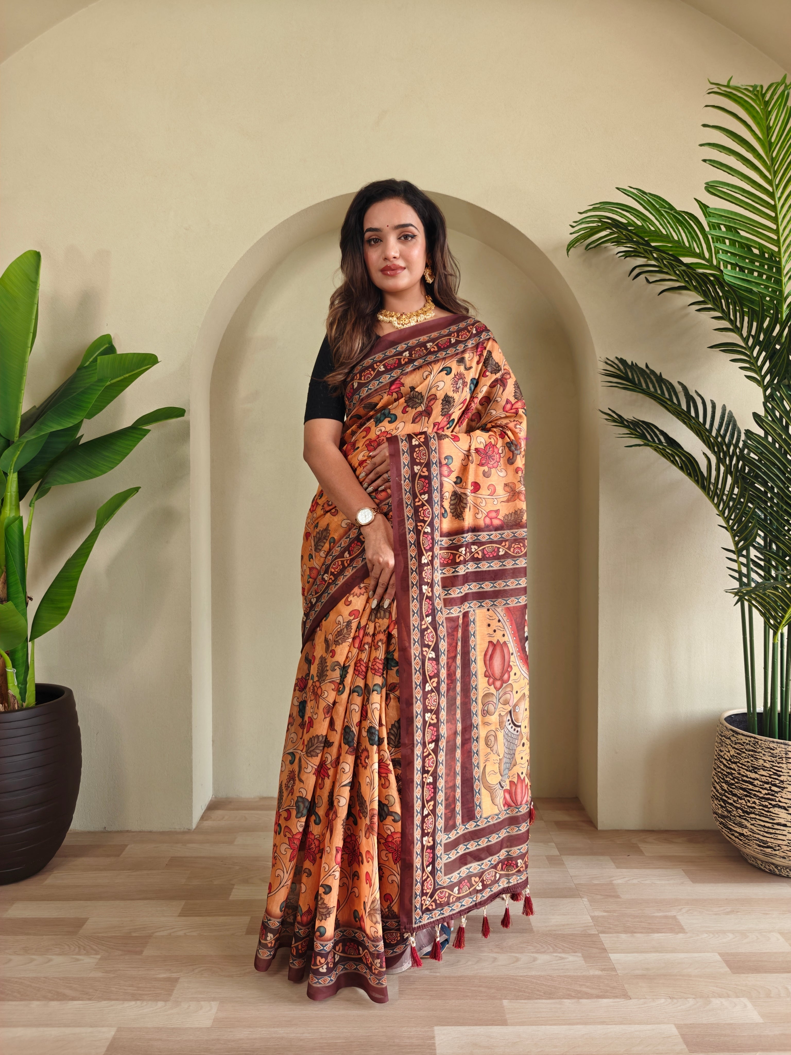 Pure malai Cotton Yellow Kalamkari pattern Saree - Priyanka