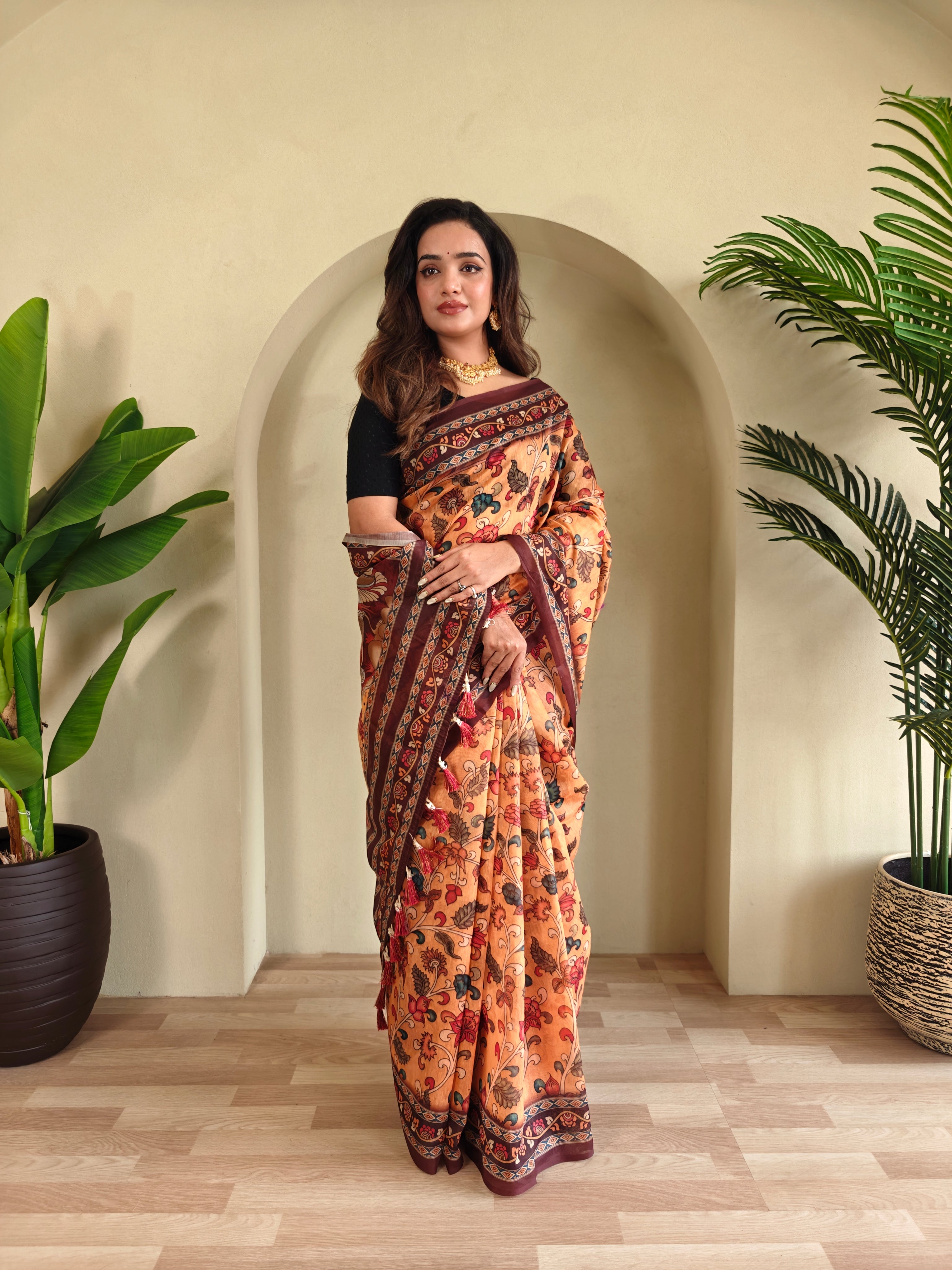 Pure malai Cotton Yellow Kalamkari pattern Saree - Priyanka