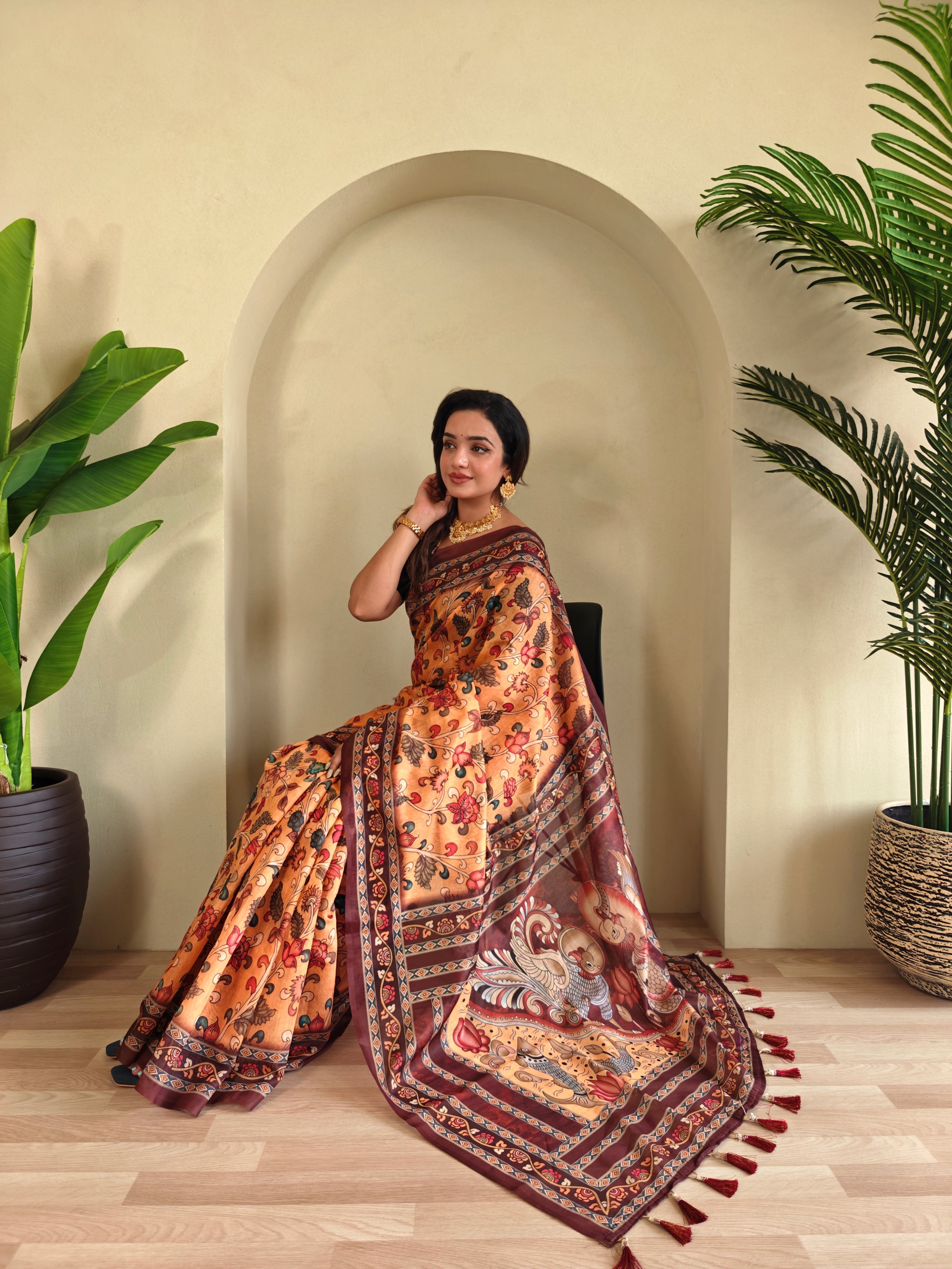 Pure malai Cotton Yellow Kalamkari pattern Saree - Priyanka