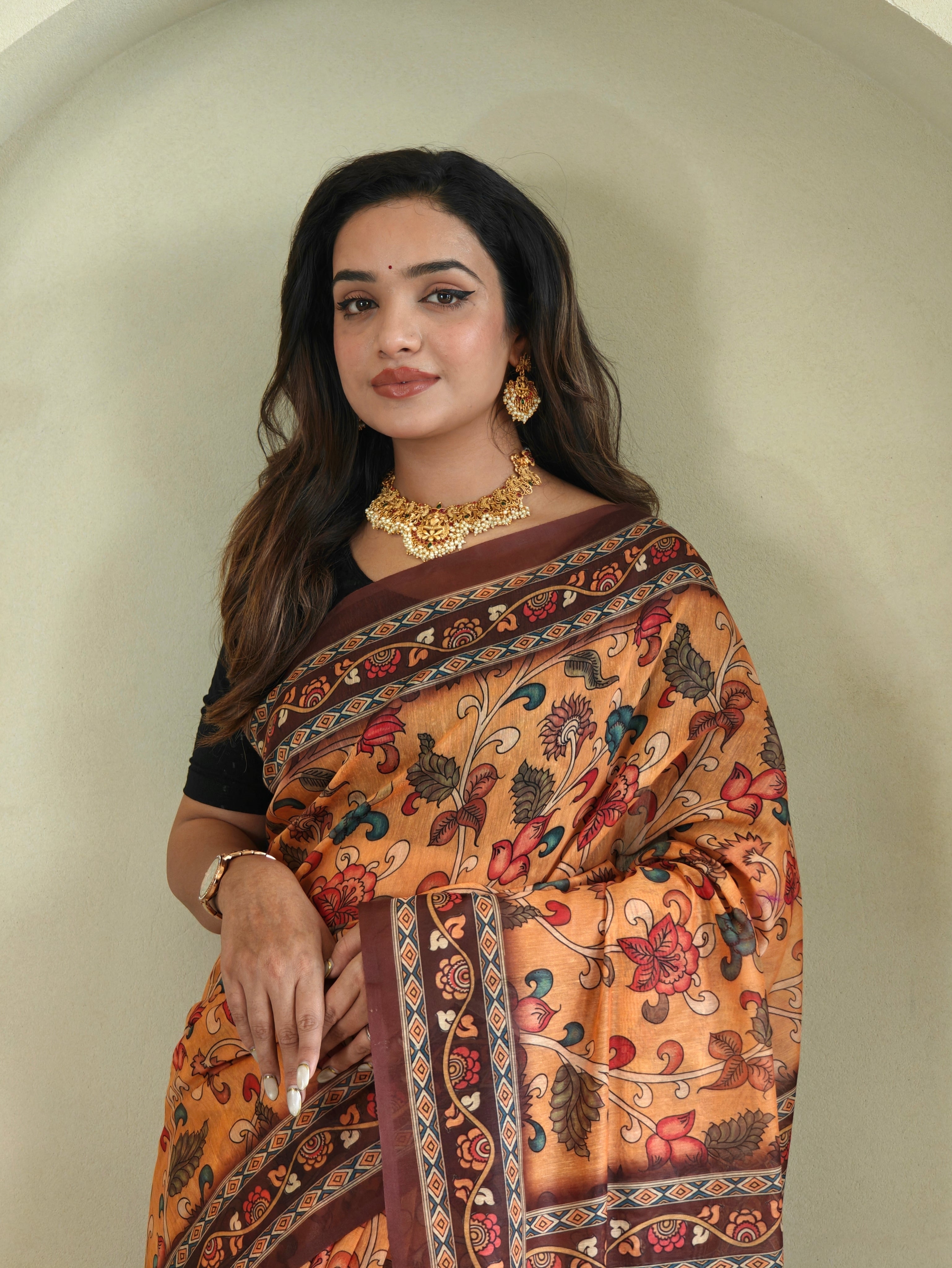 Pure malai Cotton Yellow Kalamkari pattern Saree - Priyanka