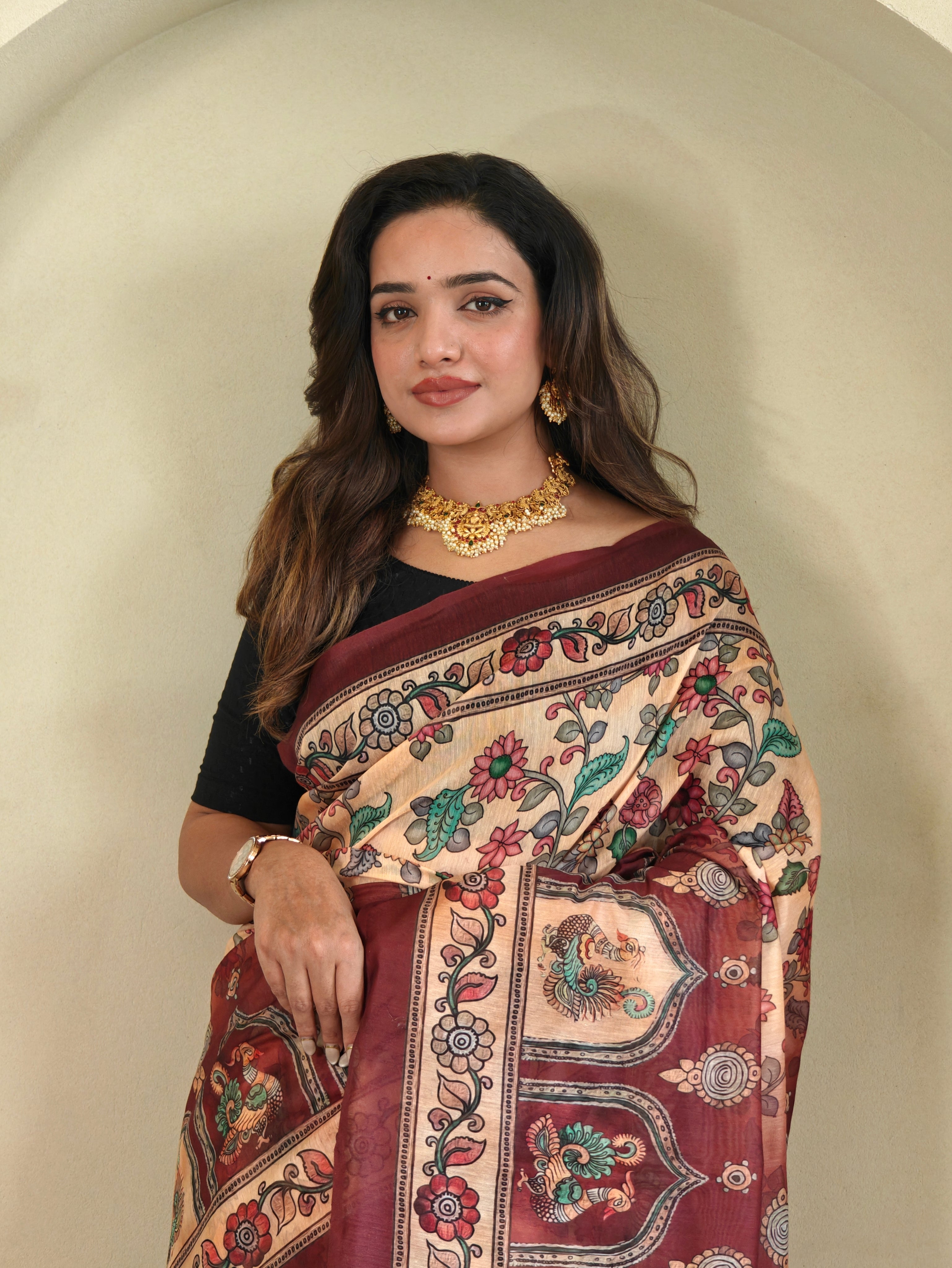Pure malai Cotton Cream Kalamkari pattern Saree - Priyanka
