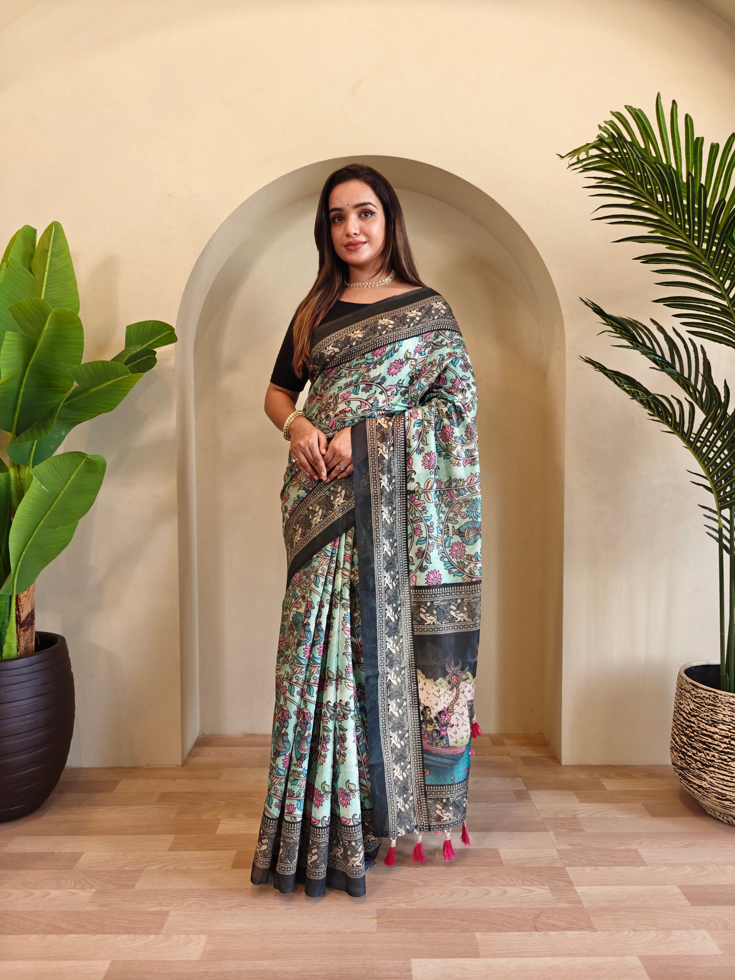 Pista Chanderi Cotton Kalamkari Printed Saree - Madhu