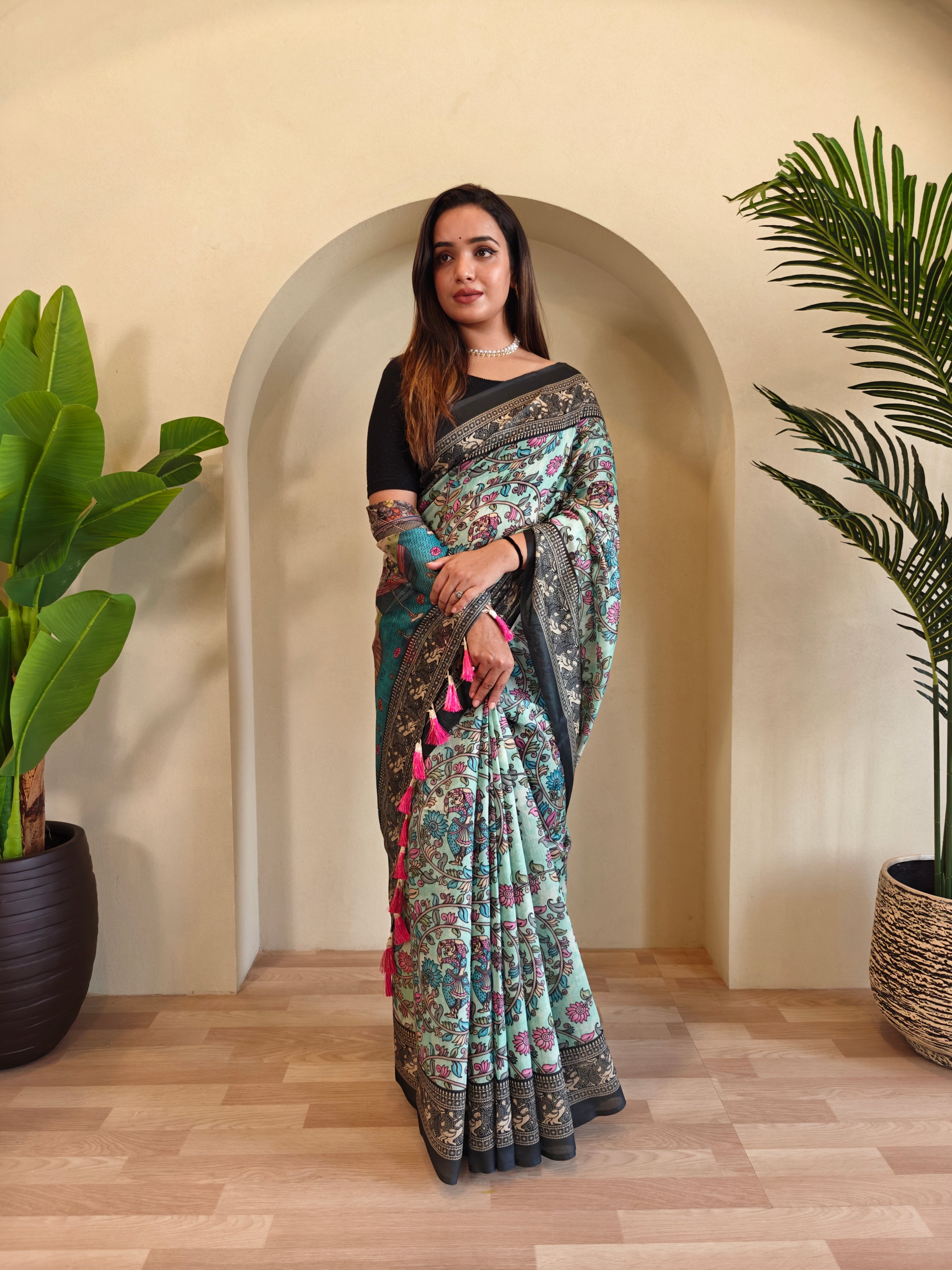 Pista Chanderi Cotton Kalamkari Printed Saree - Madhu
