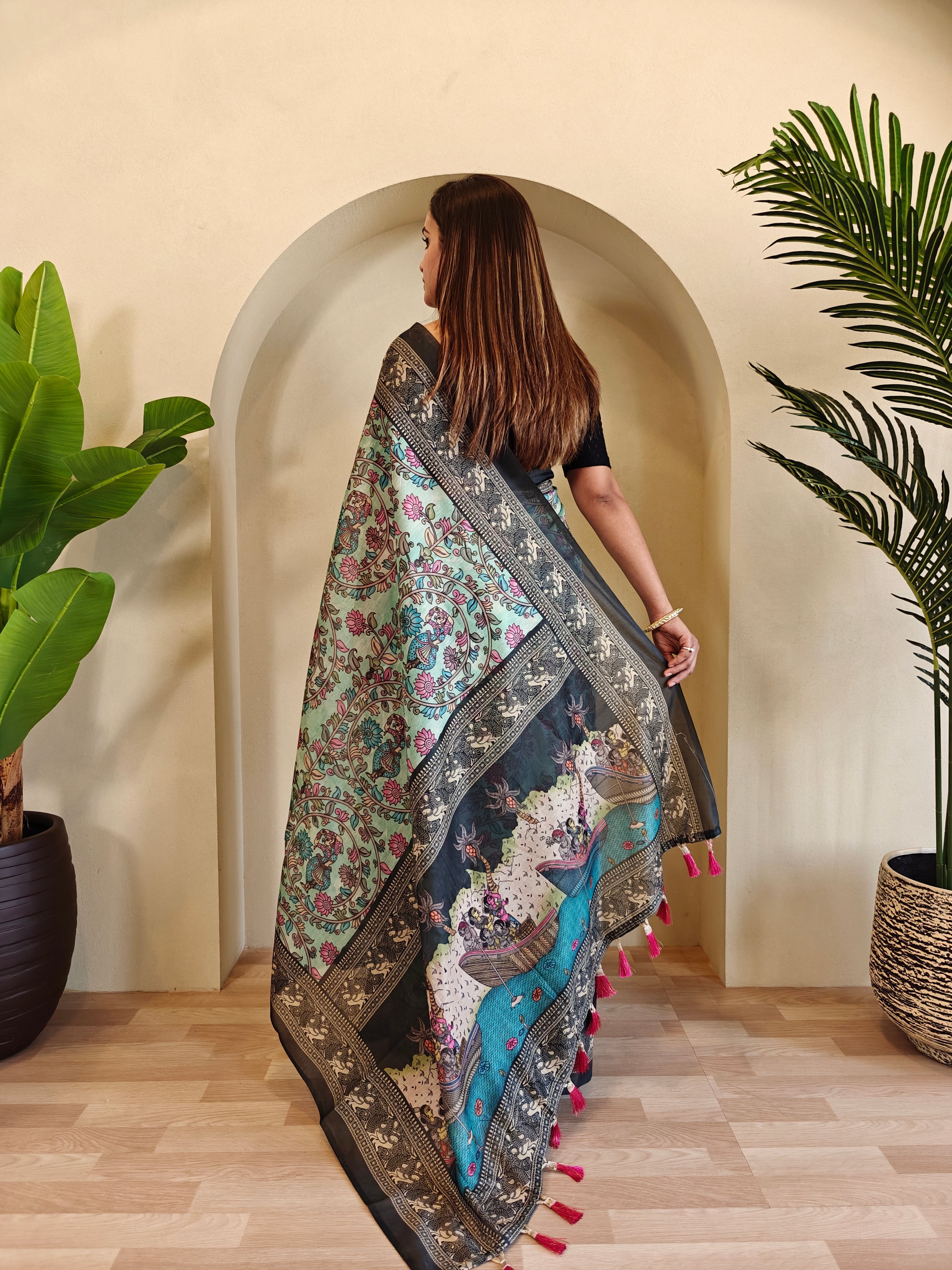 Pista Chanderi Cotton Kalamkari Printed Saree - Madhu