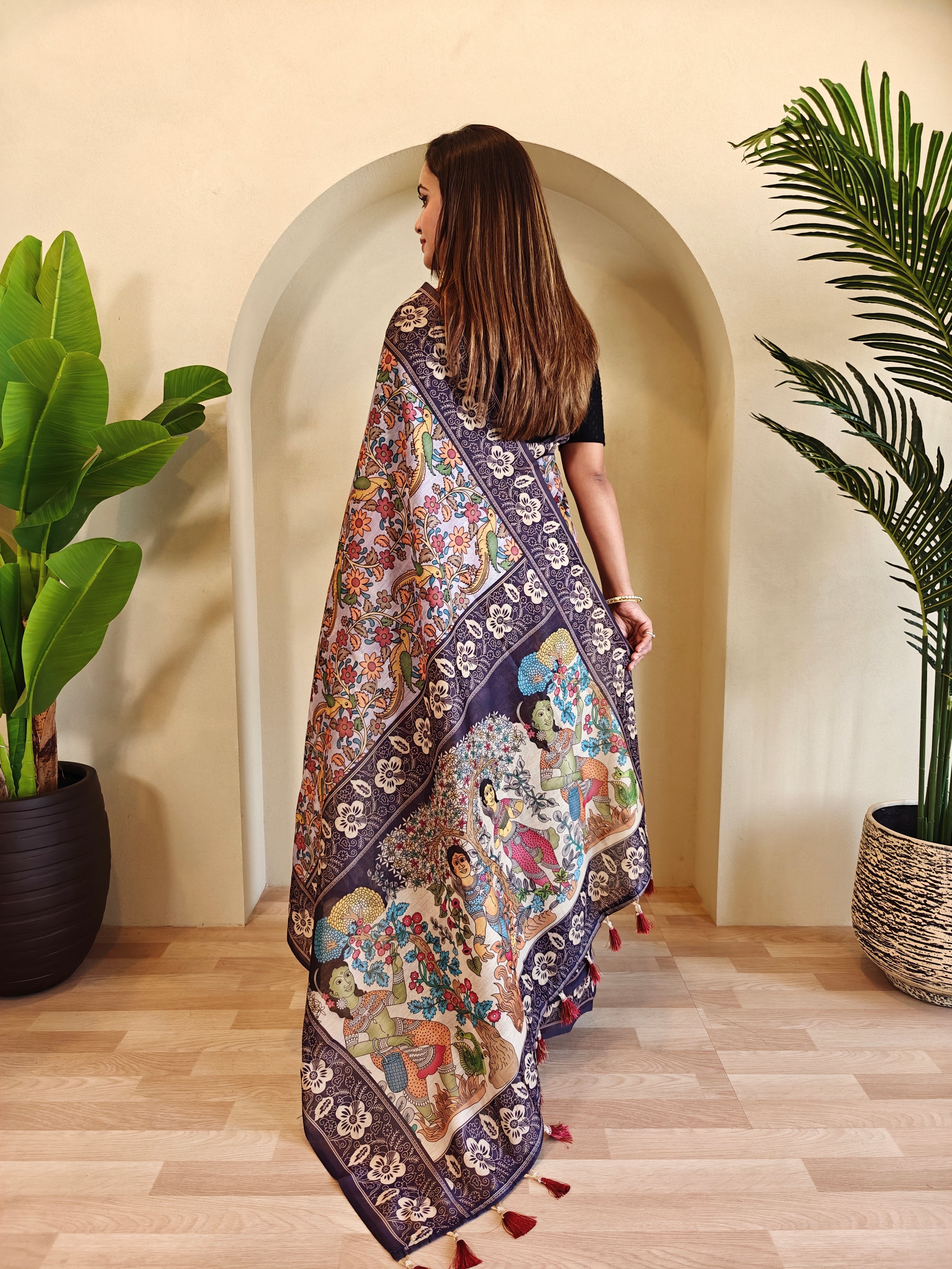Lavender Chanderi Cotton Kalamkari Printed Saree - Madhu