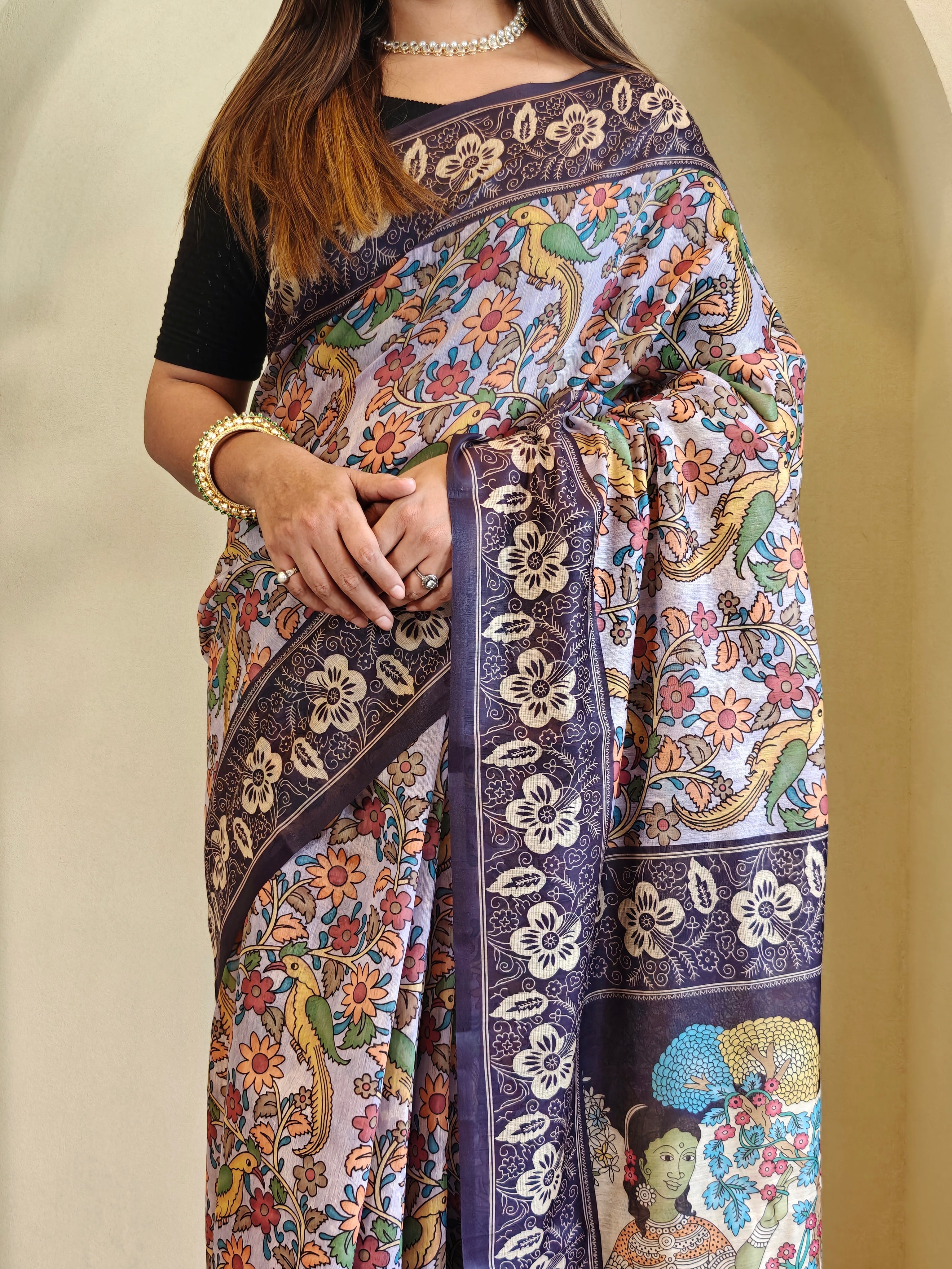 Lavender Chanderi Cotton Kalamkari Printed Saree - Madhu