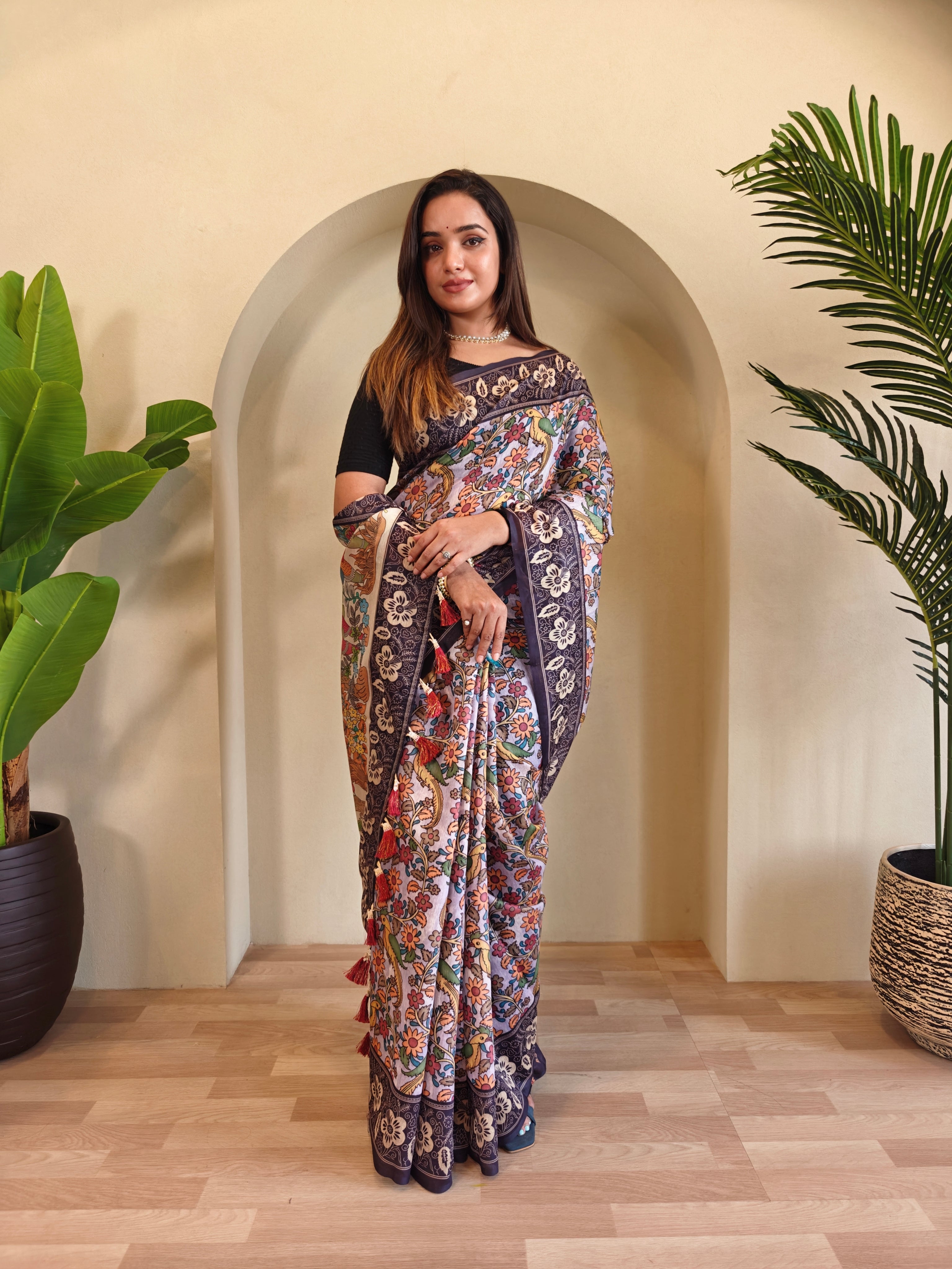 Lavender Chanderi Cotton Kalamkari Printed Saree - Madhu