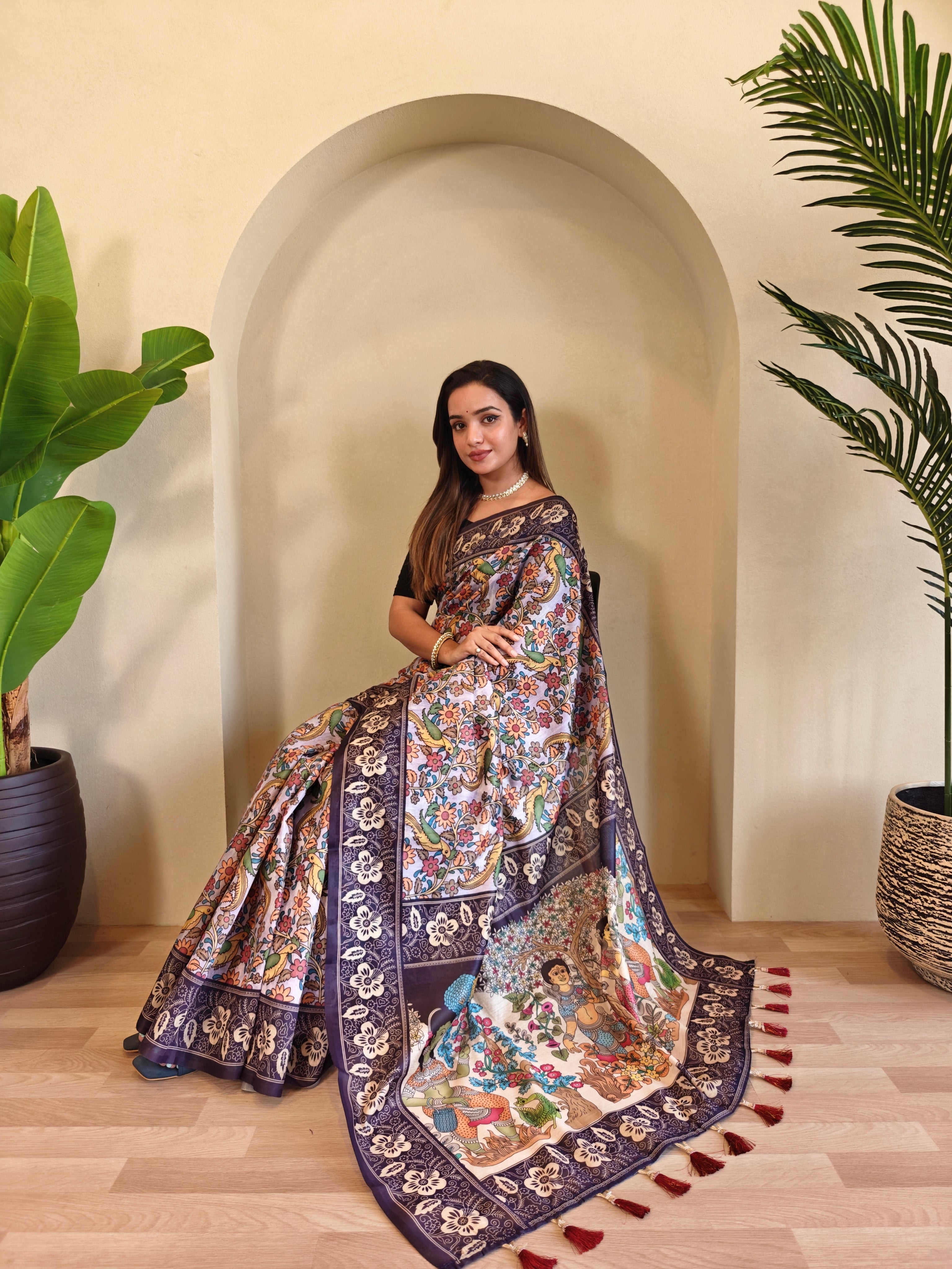 Lavender Chanderi Cotton Kalamkari Printed Saree - Madhu