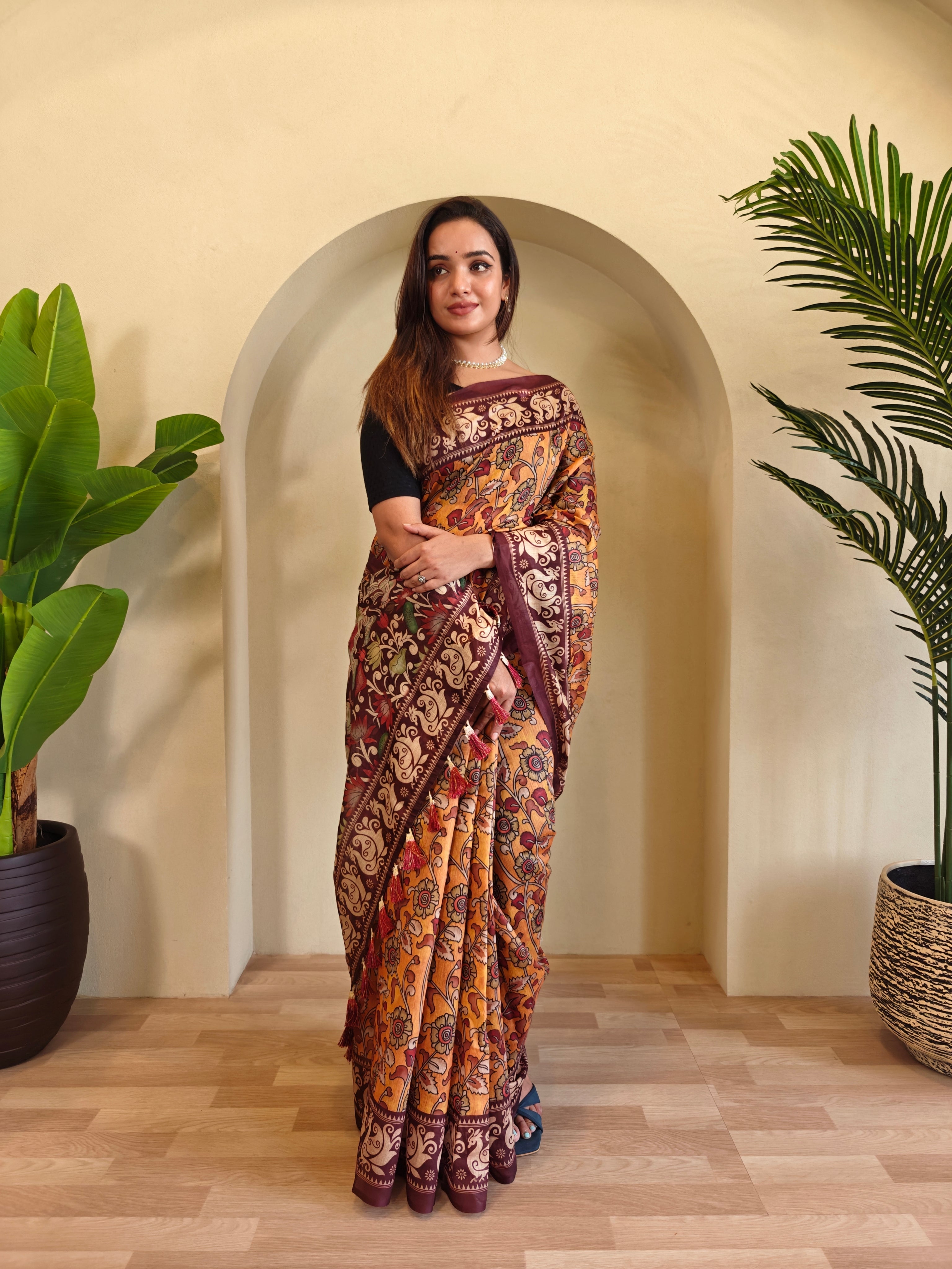 Yellow Chanderi Cotton Kalamkari Printed Saree - Madhu