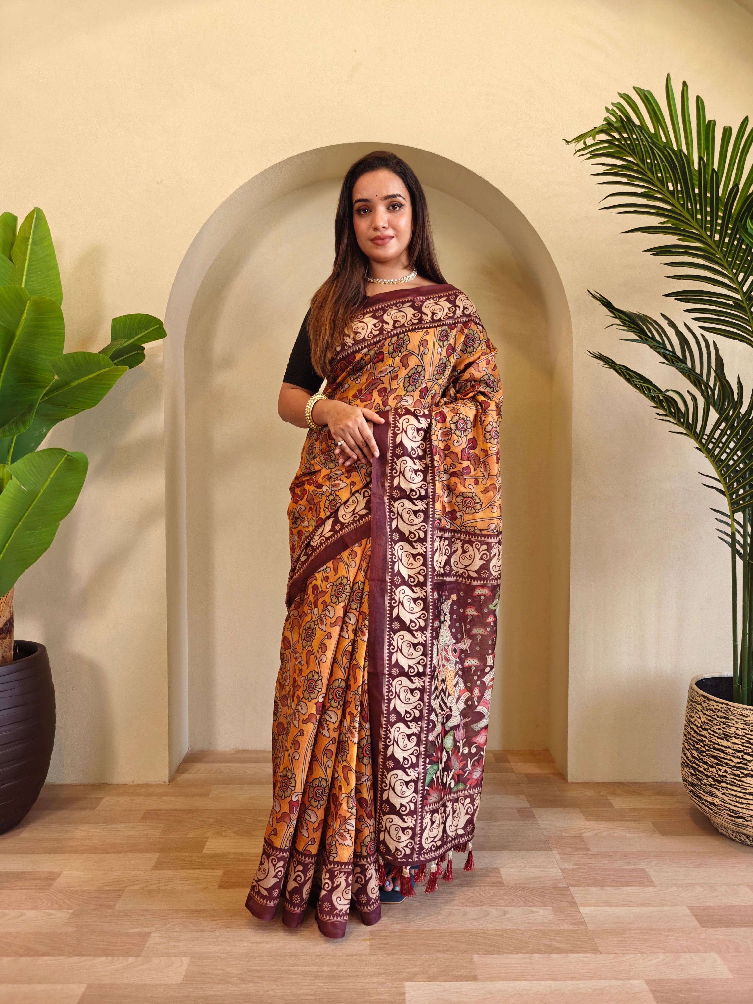 Yellow Chanderi Cotton Kalamkari Printed Saree - Madhu