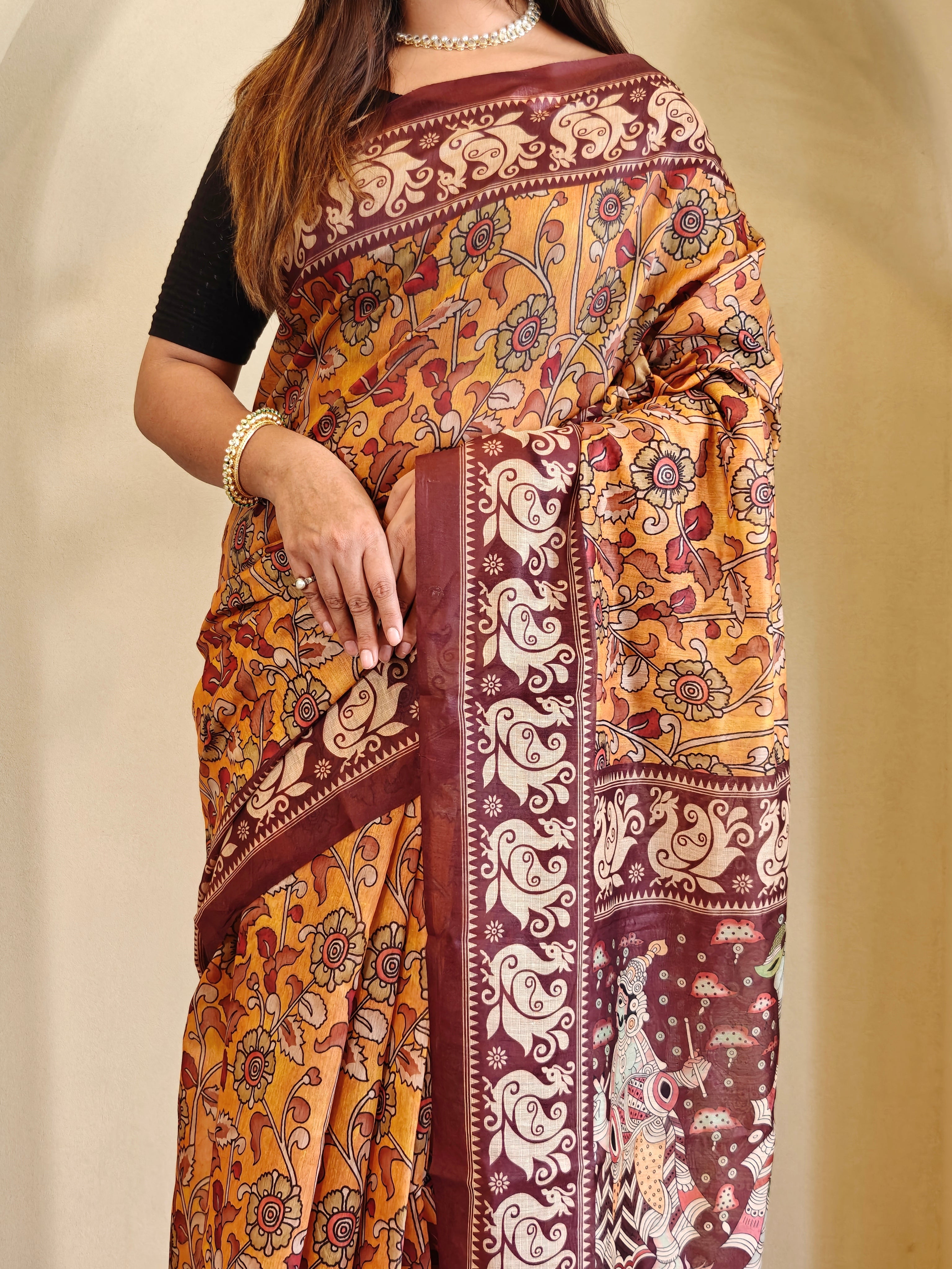 Yellow Chanderi Cotton Kalamkari Printed Saree - Madhu