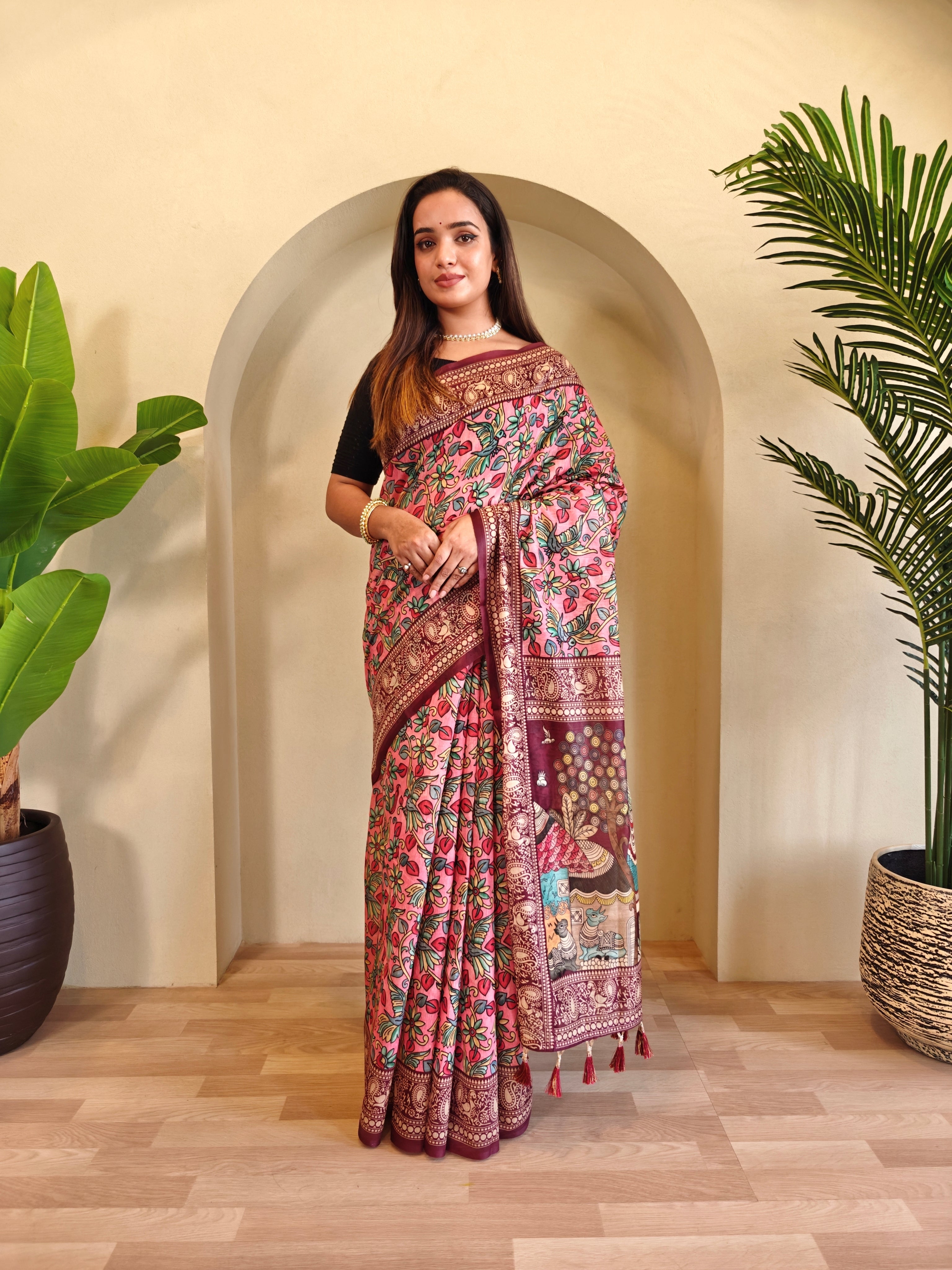 Pink Chanderi Cotton Kalamkari Printed Saree - Madhu
