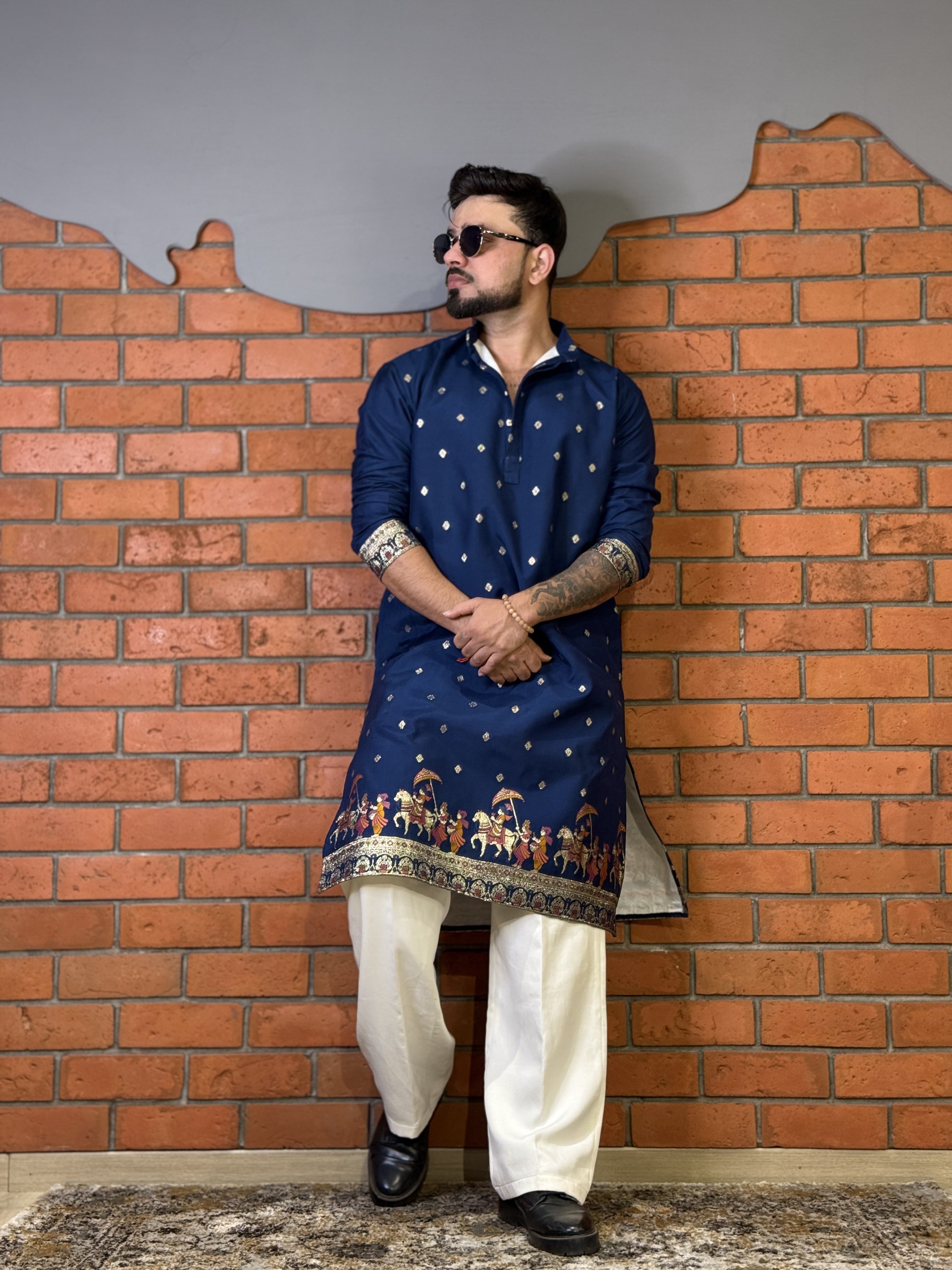 NAVY BLUE MAHARAJ JACQUARD DESIGNER KURTA