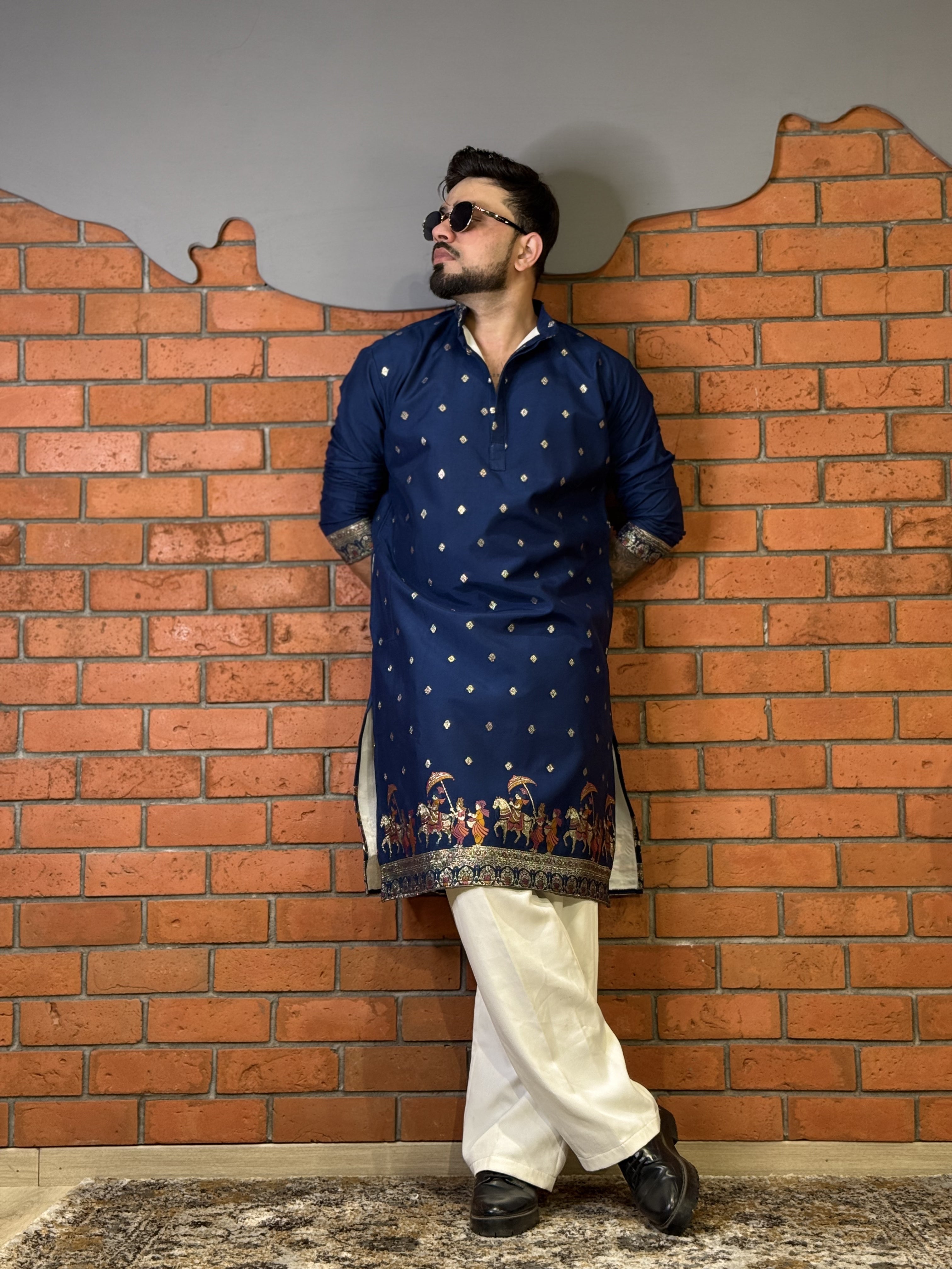 NAVY BLUE MAHARAJ JACQUARD DESIGNER KURTA